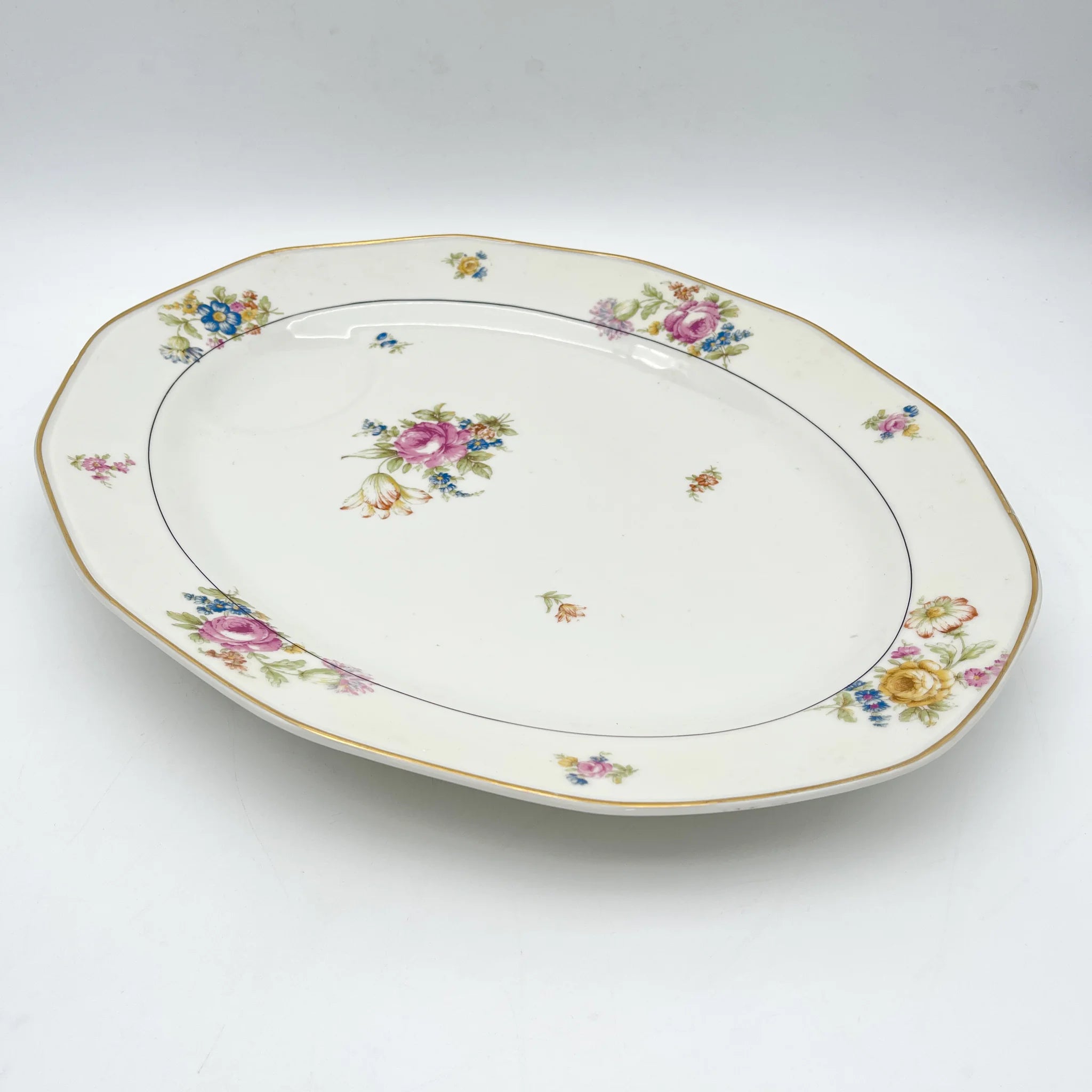 [Antique] Oval platter / Theodore Haviland / Nosegay / Estimated early middle 20C / Porcelain / France / Bouquet, gold
