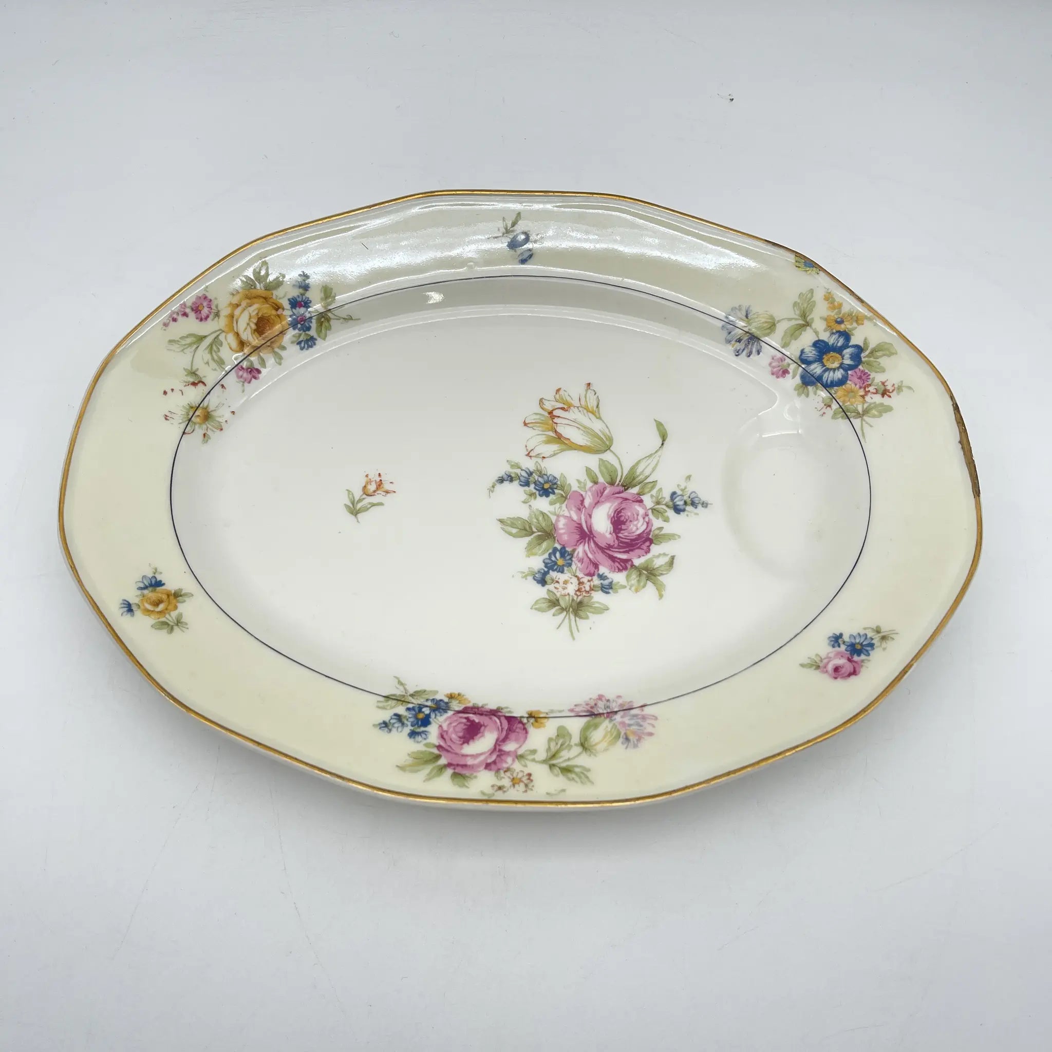 [Antique] Oval platter / Theodore Haviland / Nosegay / Estimated early middle 20C / Porcelain / France / Bouquet, gold