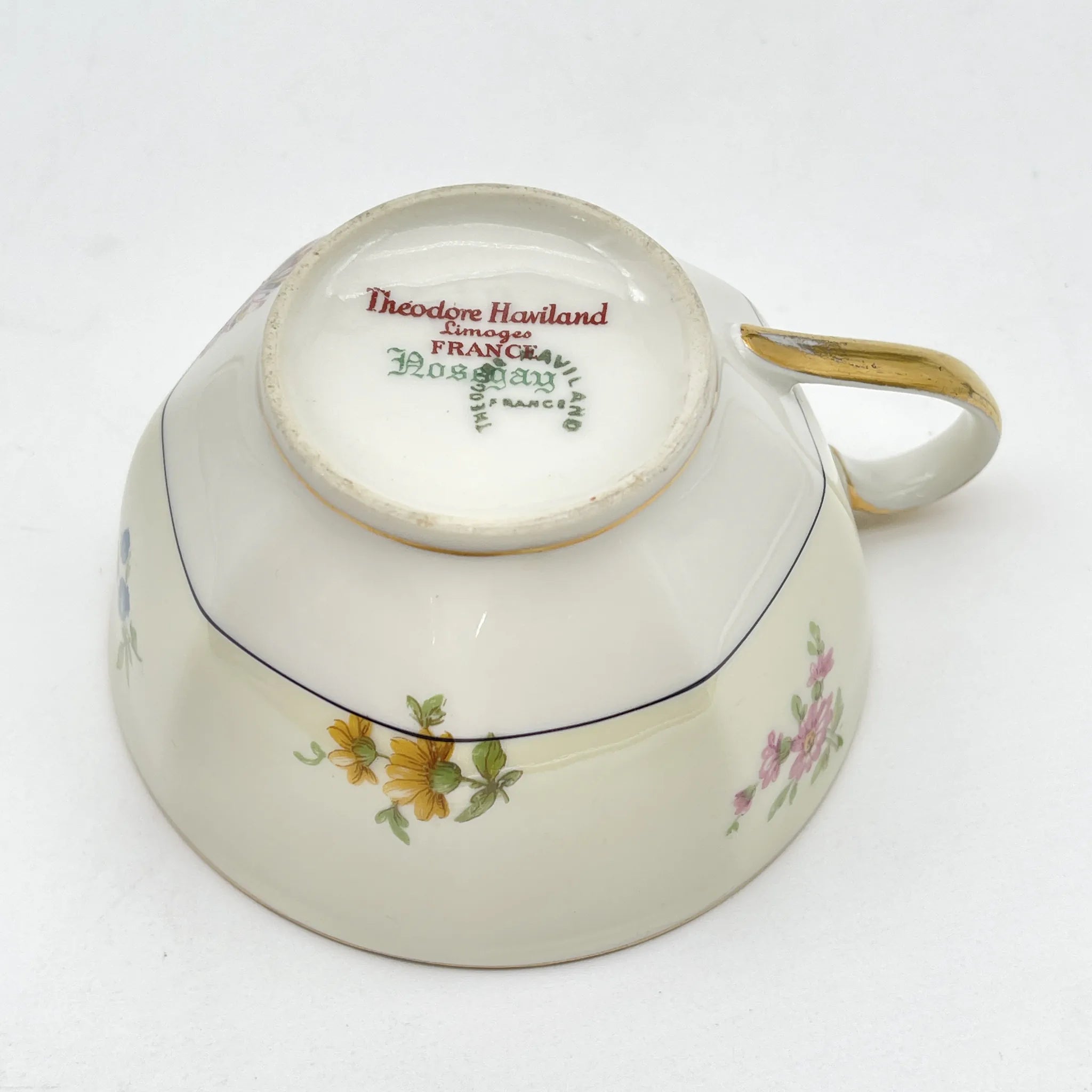 [Antique] Trio + Dessert Plate / Theodore Haviland / Nosegay / Estimated early-mid 20C / Porcelain / France / Bouquet, Gold