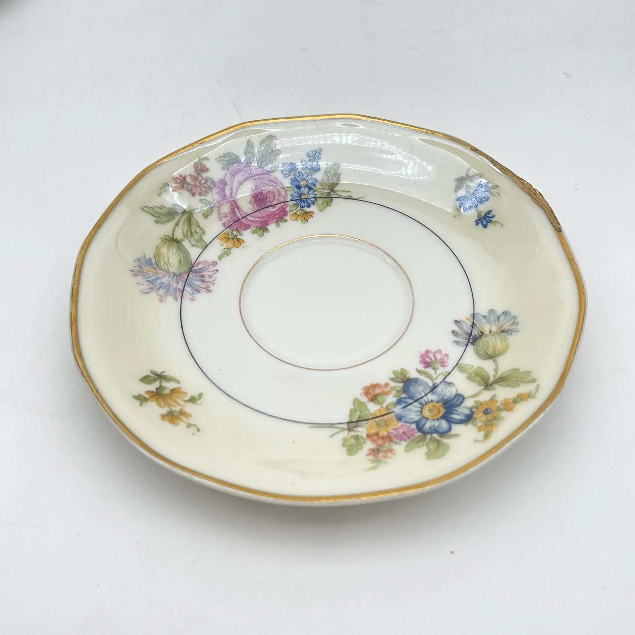 [Antique] Trio + Dessert Plate / Theodore Haviland / Nosegay / Estimated early-mid 20C / Porcelain / France / Bouquet, Gold