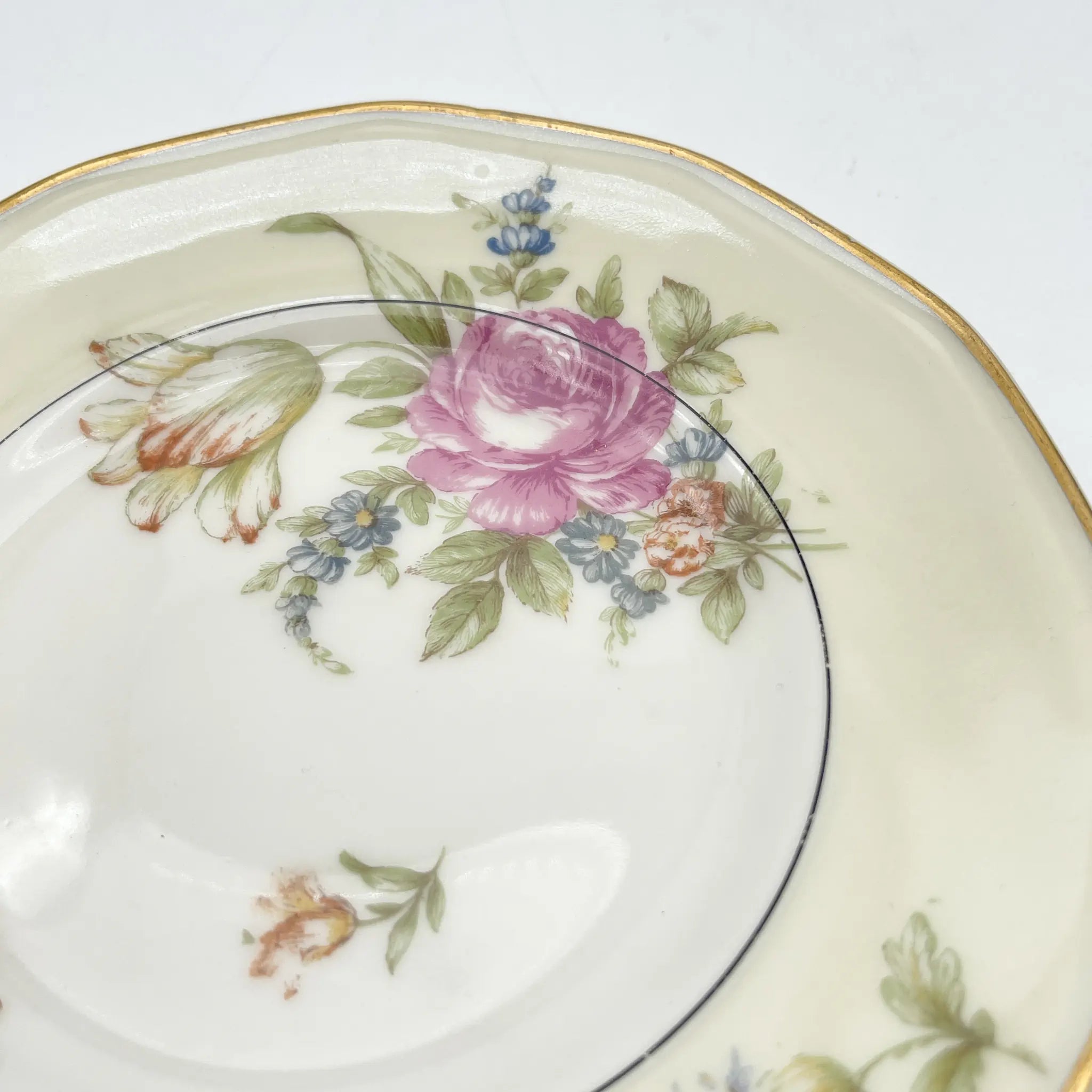 [Antique] Trio + Dessert Plate / Theodore Haviland / Nosegay / Estimated early-mid 20C / Porcelain / France / Bouquet, Gold