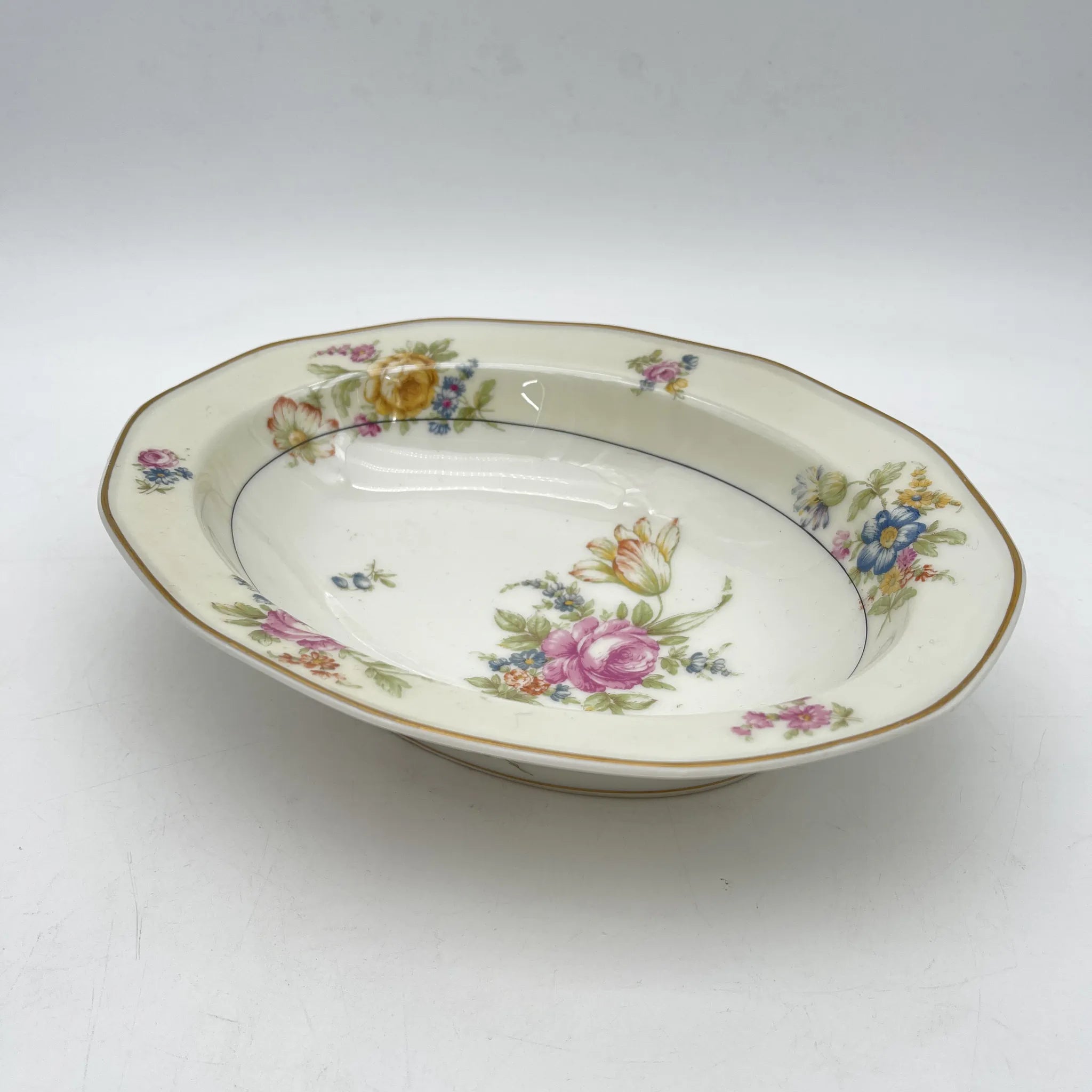【古董】椭圆形蔬菜碗/ Theodore Haviland / Nosegay /估计20c早中期/瓷器/法国/花束，金彩