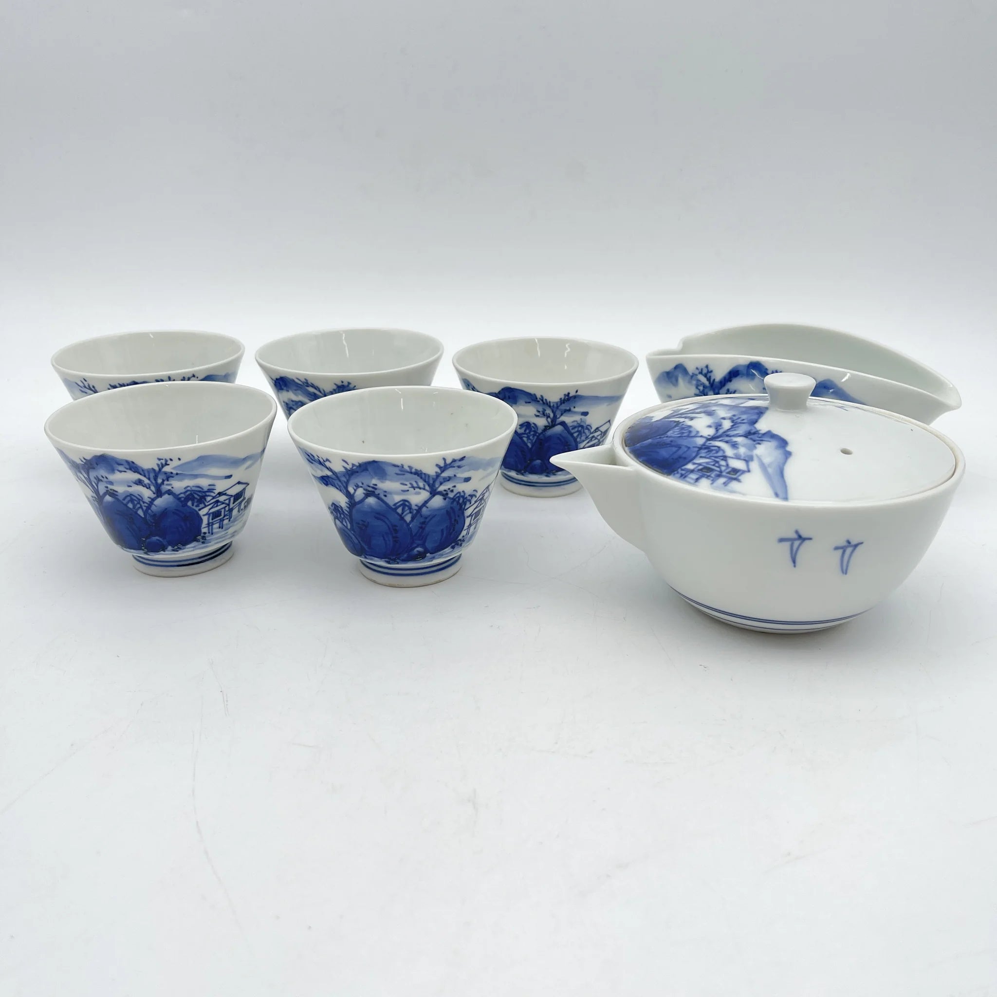 [Vintage] Sencha set (hobin, hot water cooler, 5-piece teacup) / Izushi Nagayama / Estimated 1960-80s / Porcelain / Japan / Landscape pattern
