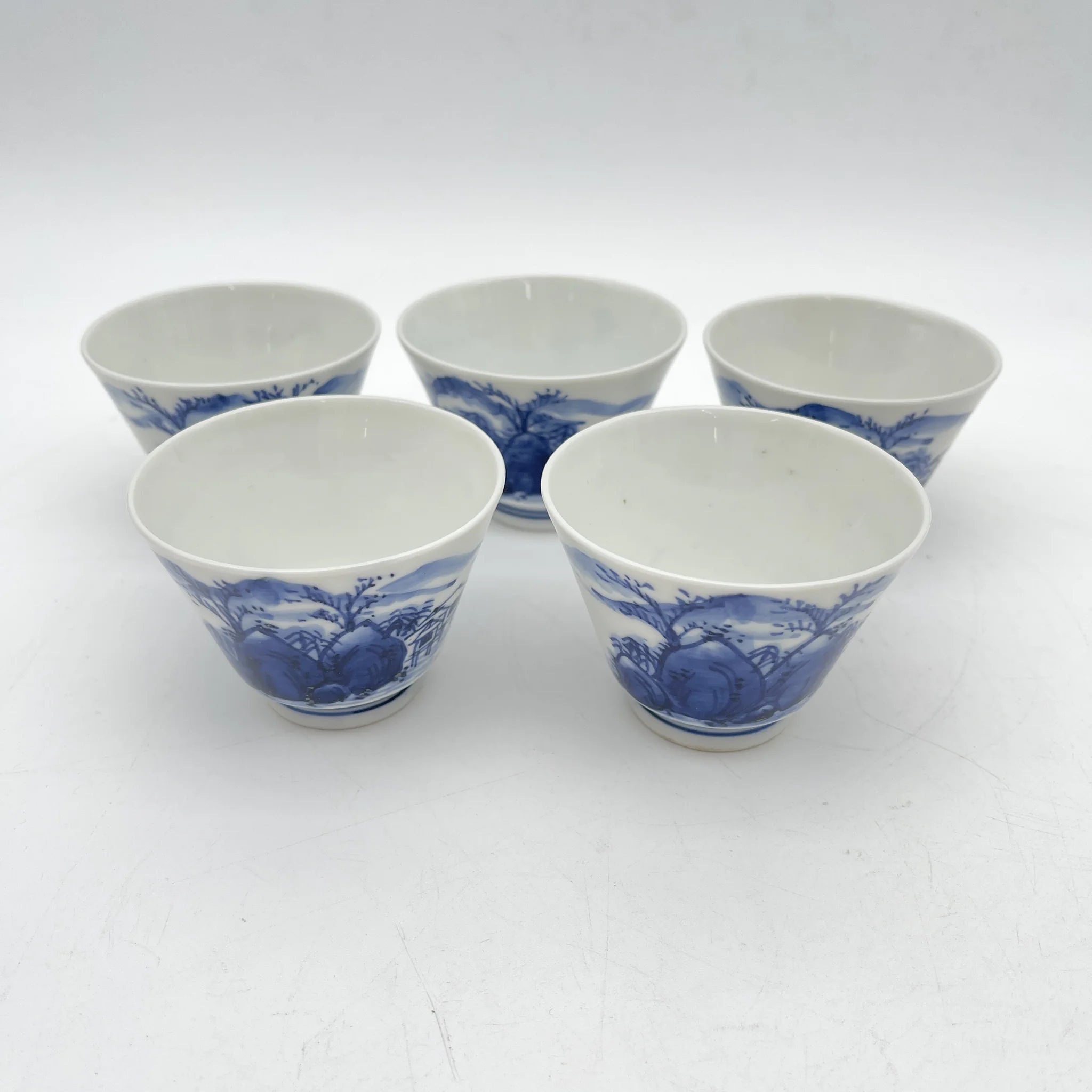 [Vintage] Sencha set (hobin, hot water cooler, 5-piece teacup) / Izushi Nagayama / Estimated 1960-80s / Porcelain / Japan / Landscape pattern