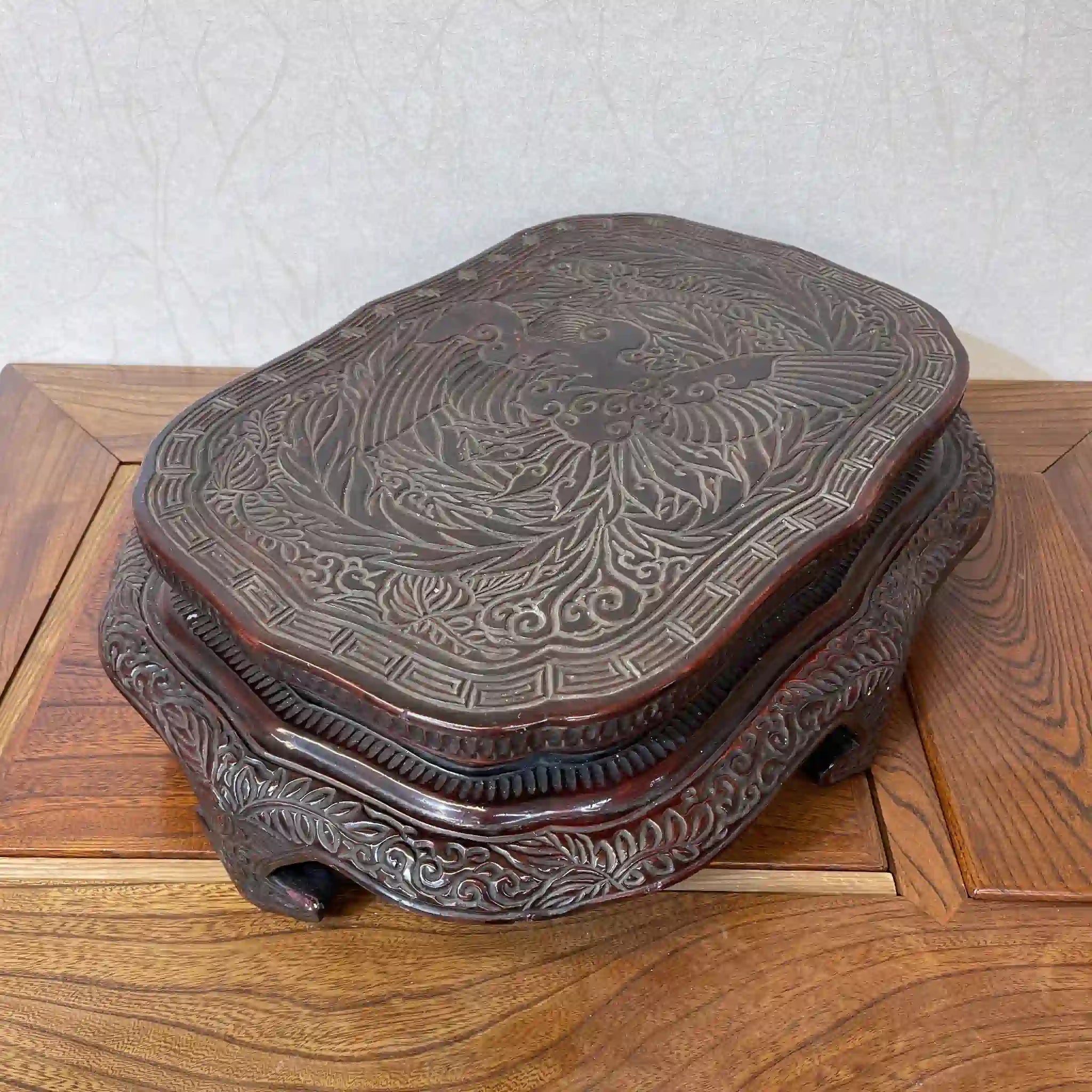 【复古】装饰台（花台）/估计20c后期/天然木/中国/凤凰，雷文