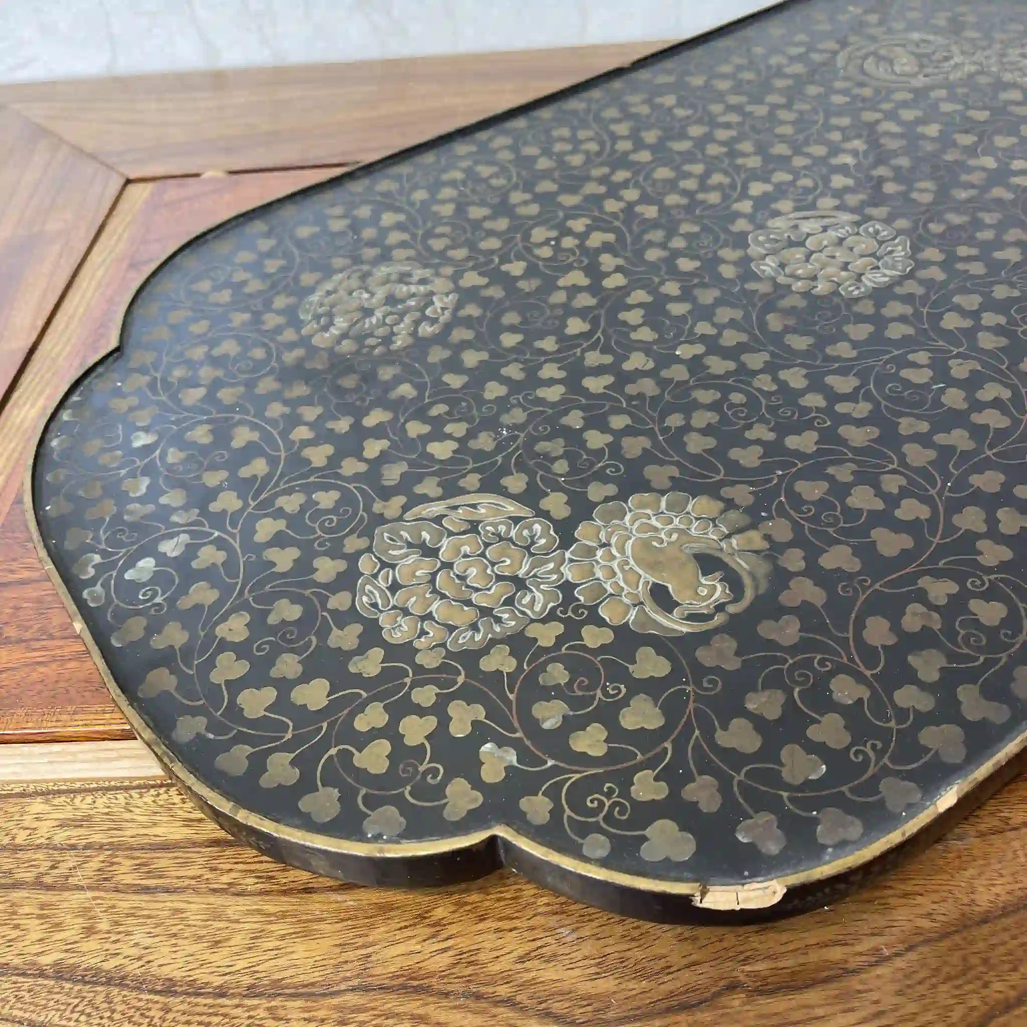 [Vintage] Long tray / Estimated late 20C / Natural wood / China / Phoenix, peony, arabesque
