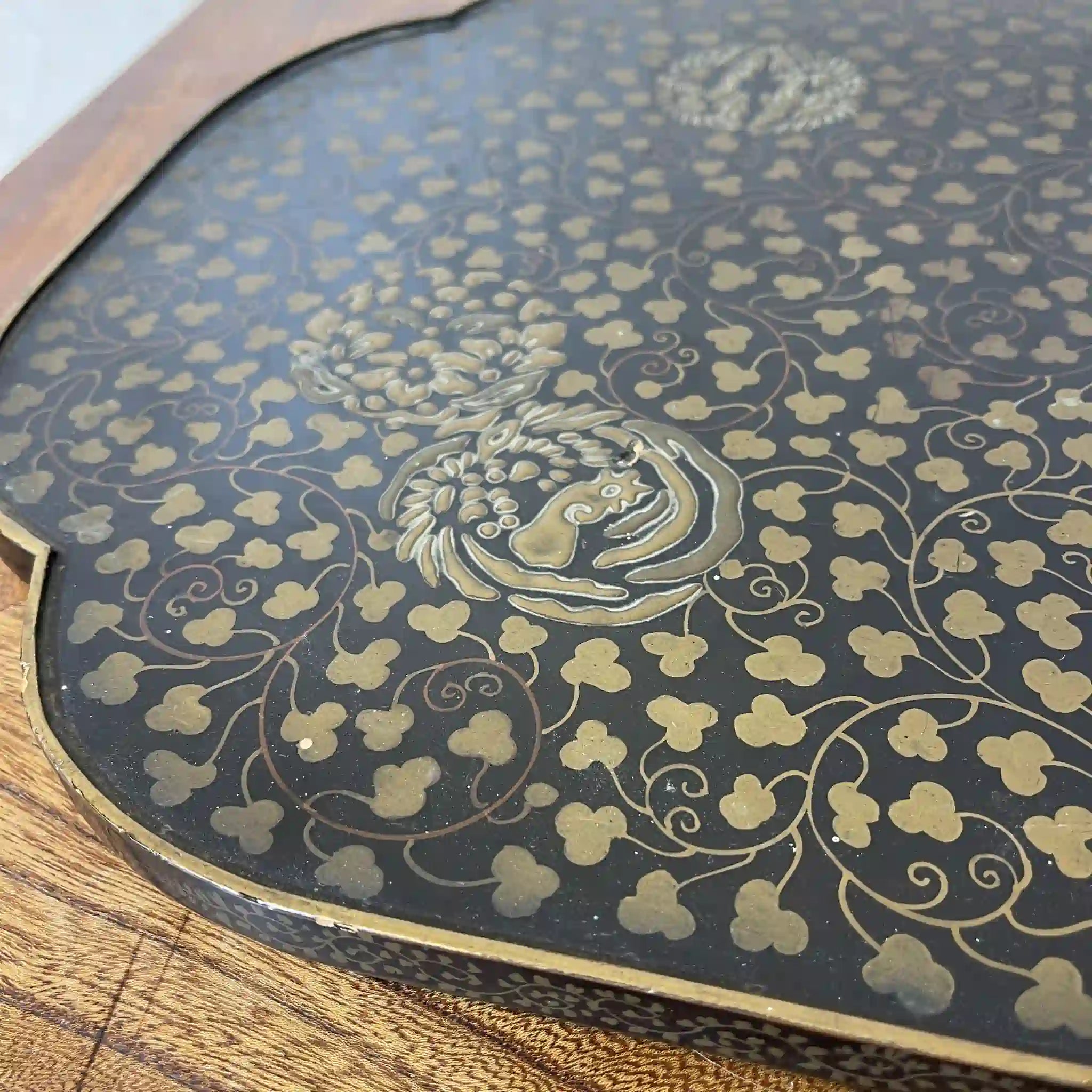[Vintage] Long tray / Estimated late 20C / Natural wood / China / Phoenix, peony, arabesque