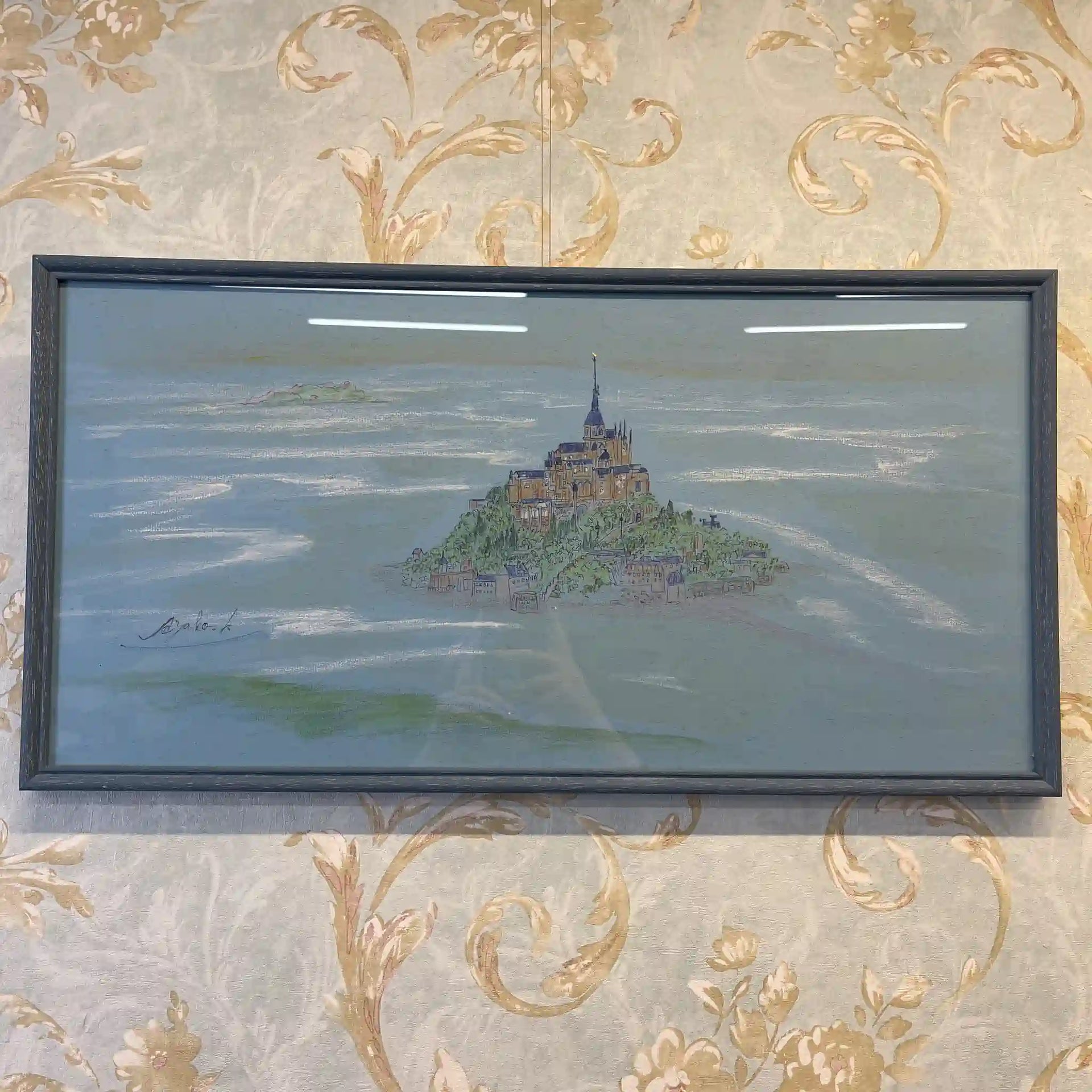 ミシェル・シリー　額入り　画　1970 小島綾子 / 絵画 / 「浮かぶモン・サン・ミシェル」 / 20世紀後期 / 紙
