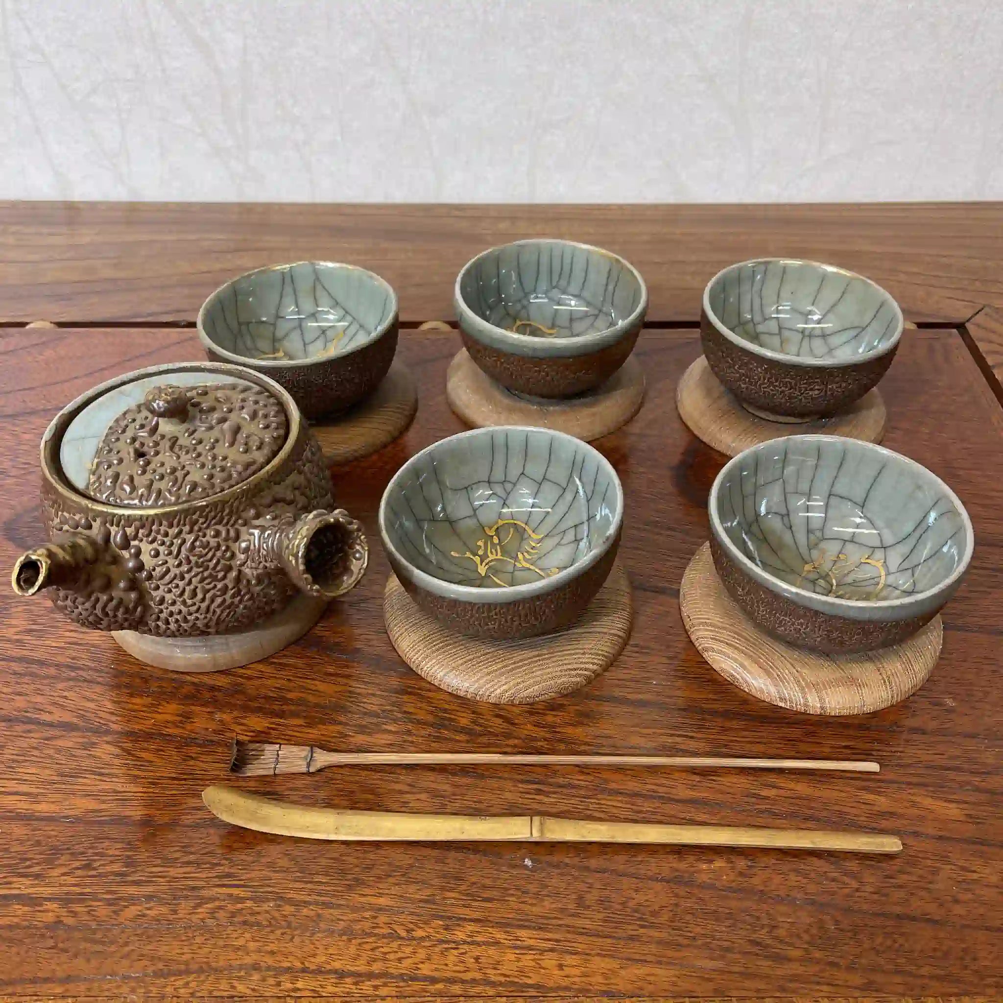 【ビンテージ】 茶器揃 (茶櫃, 急須, 湯呑5P, 茶托5P, 茶杓) / 大堀相馬焼 / 推定1960-80s / 陶器 / 日本 / 走り駒