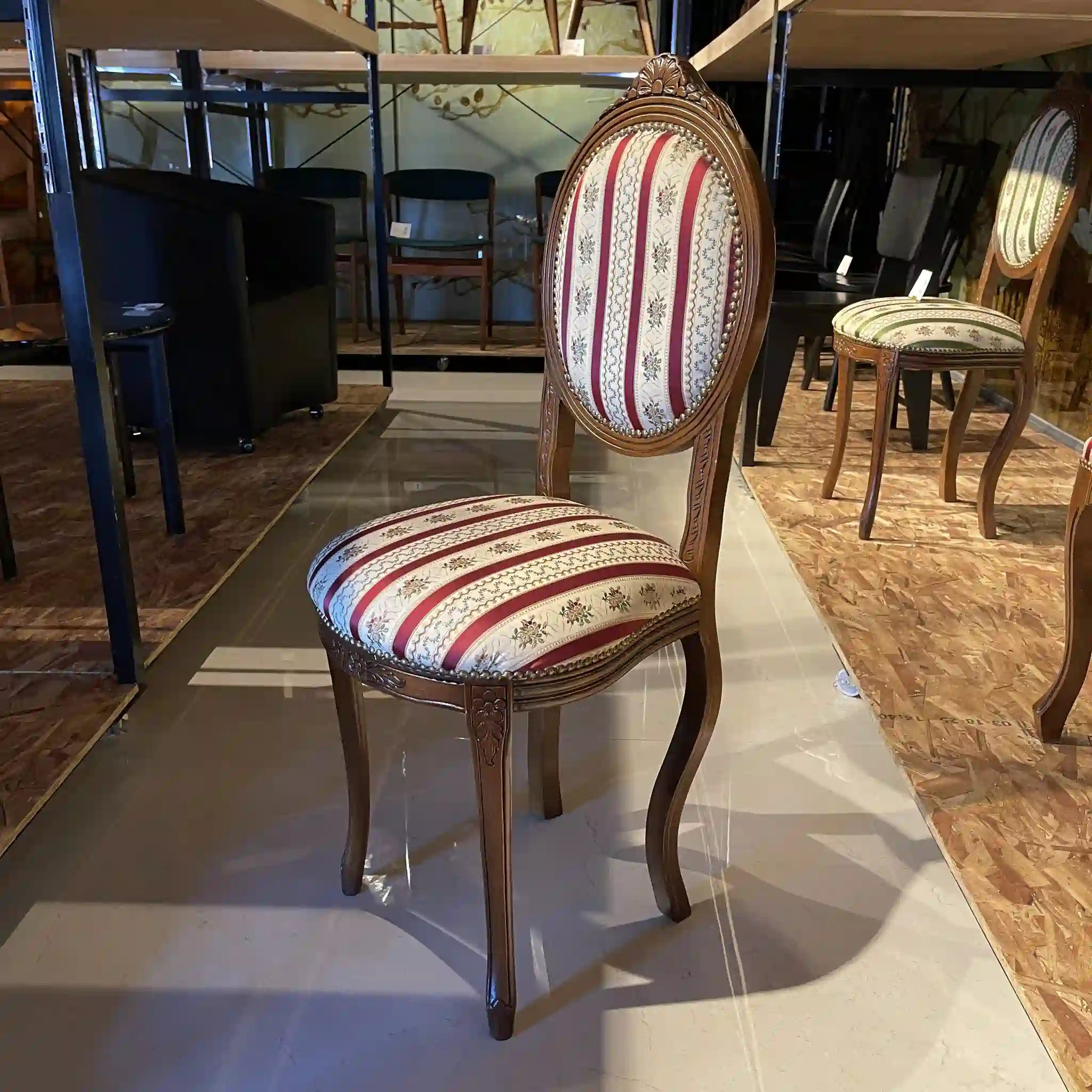 Antique Dining Chair / Rococo Style (Louis XV Style) / Cabriole Legs, Rocaille Relief, Jacquard Seat