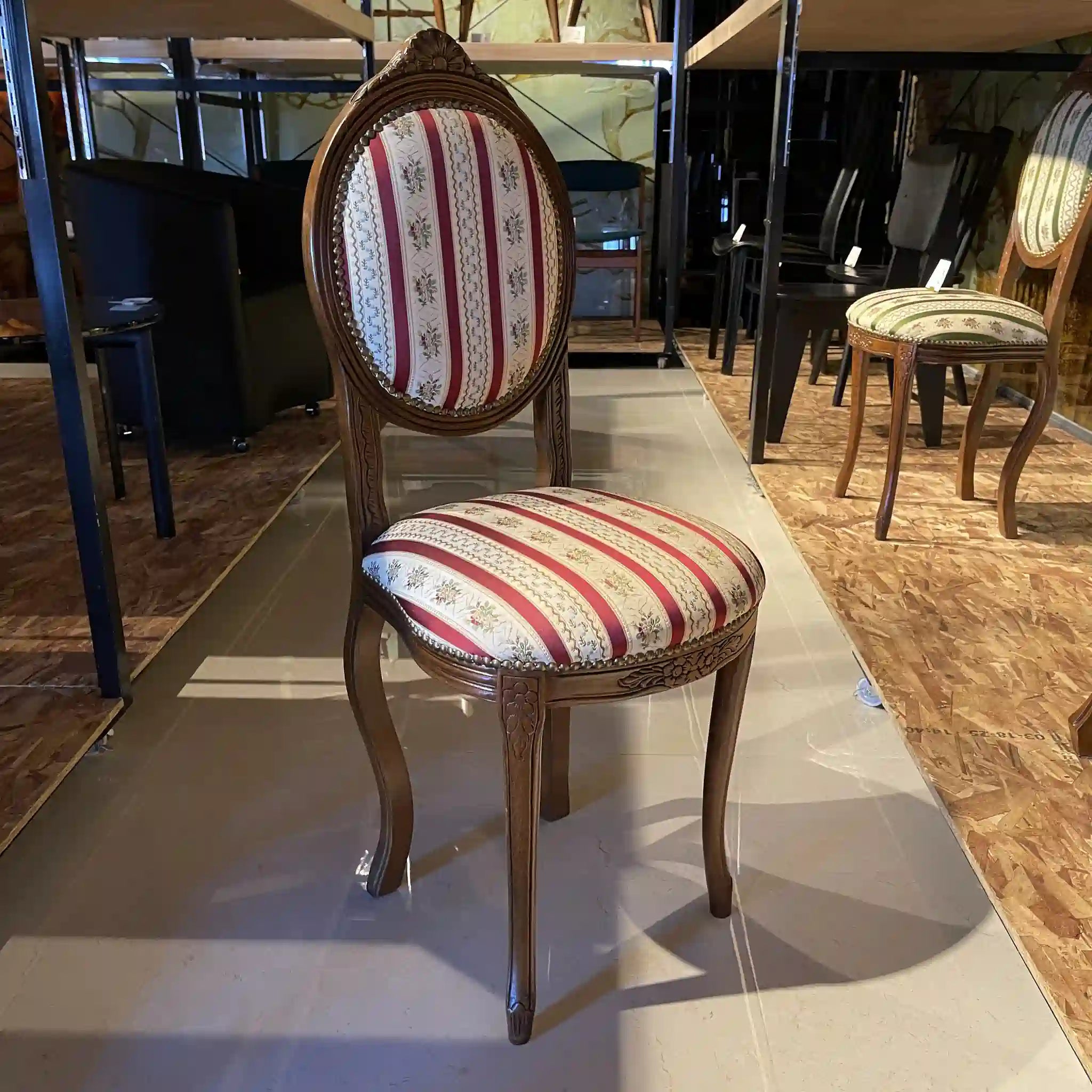 Antique Dining Chair / Rococo Style (Louis XV Style) / Cabriole Legs, Rocaille Relief, Jacquard Seat