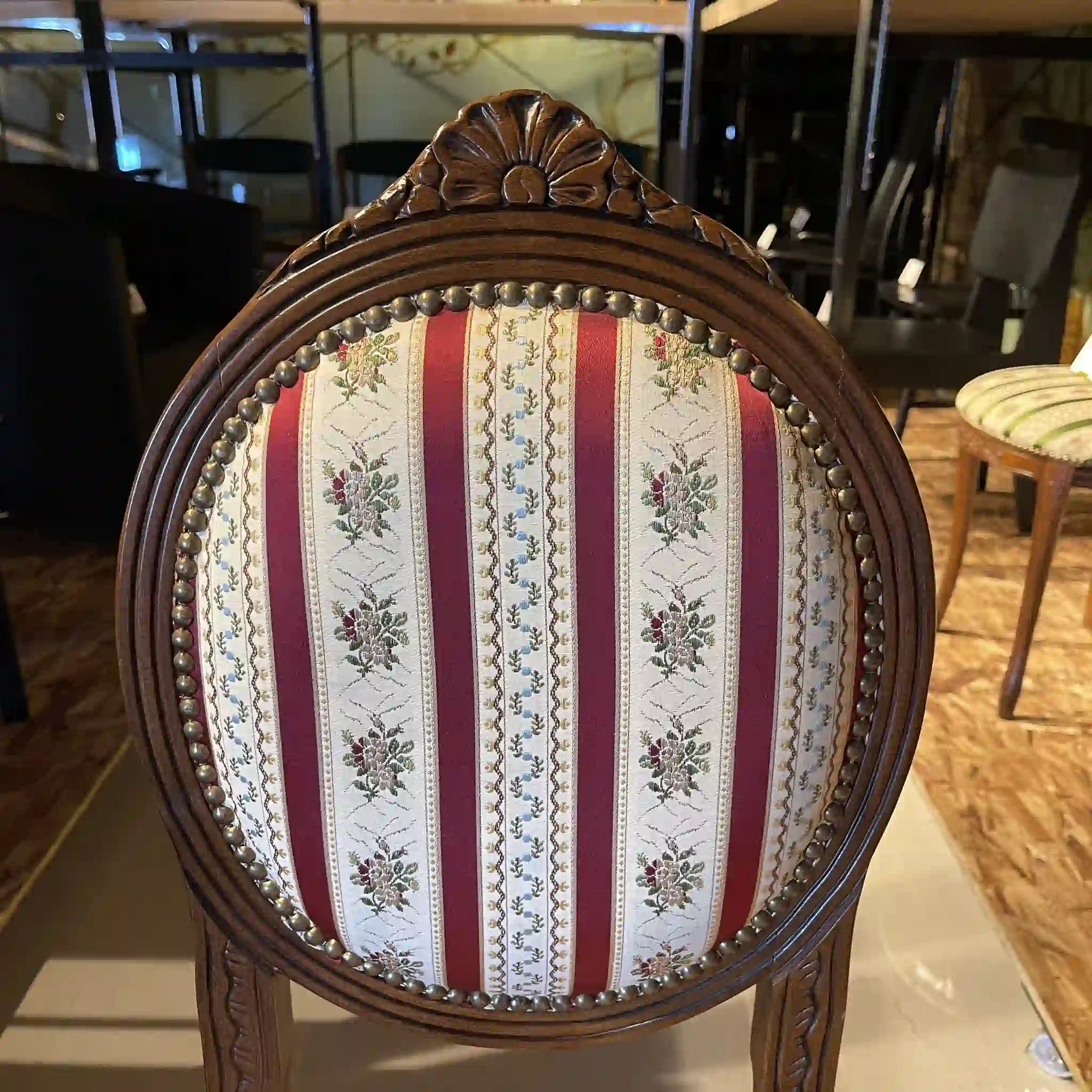 Antique Dining Chair / Rococo Style (Louis XV Style) / Cabriole Legs, Rocaille Relief, Jacquard Seat