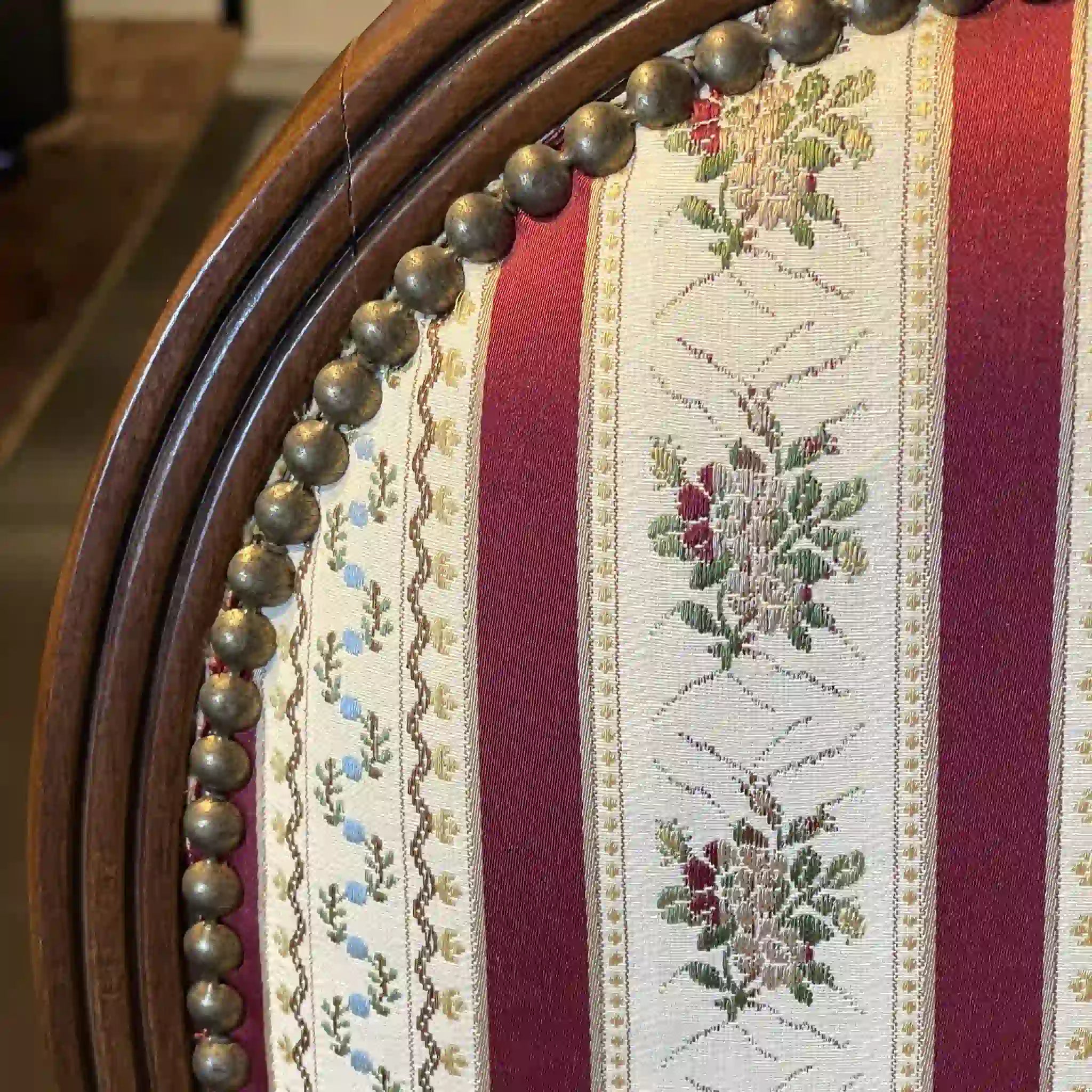 Antique Dining Chair / Rococo Style (Louis XV Style) / Cabriole Legs, Rocaille Relief, Jacquard Seat