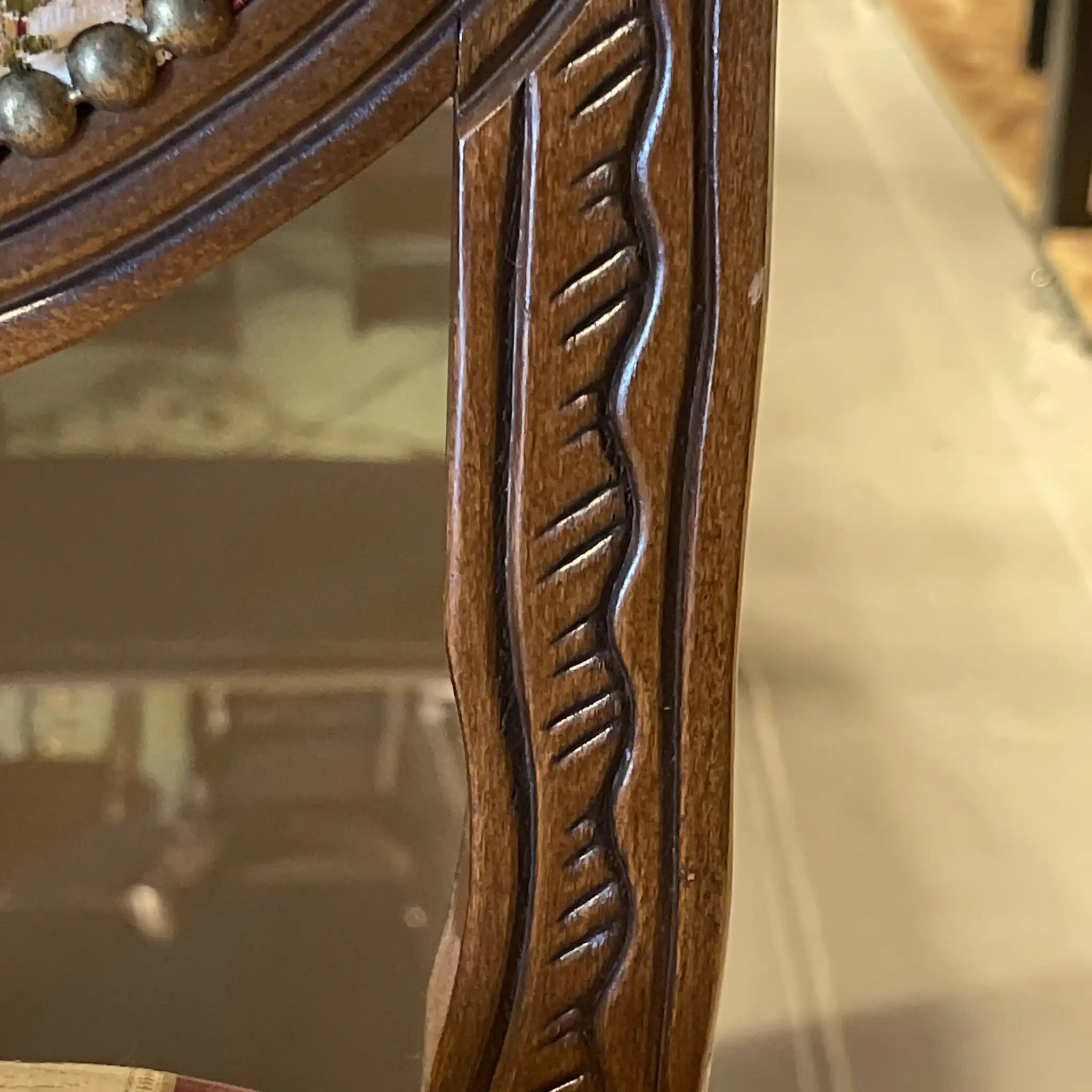 Antique Dining Chair / Rococo Style (Louis XV Style) / Cabriole Legs, Rocaille Relief, Jacquard Seat