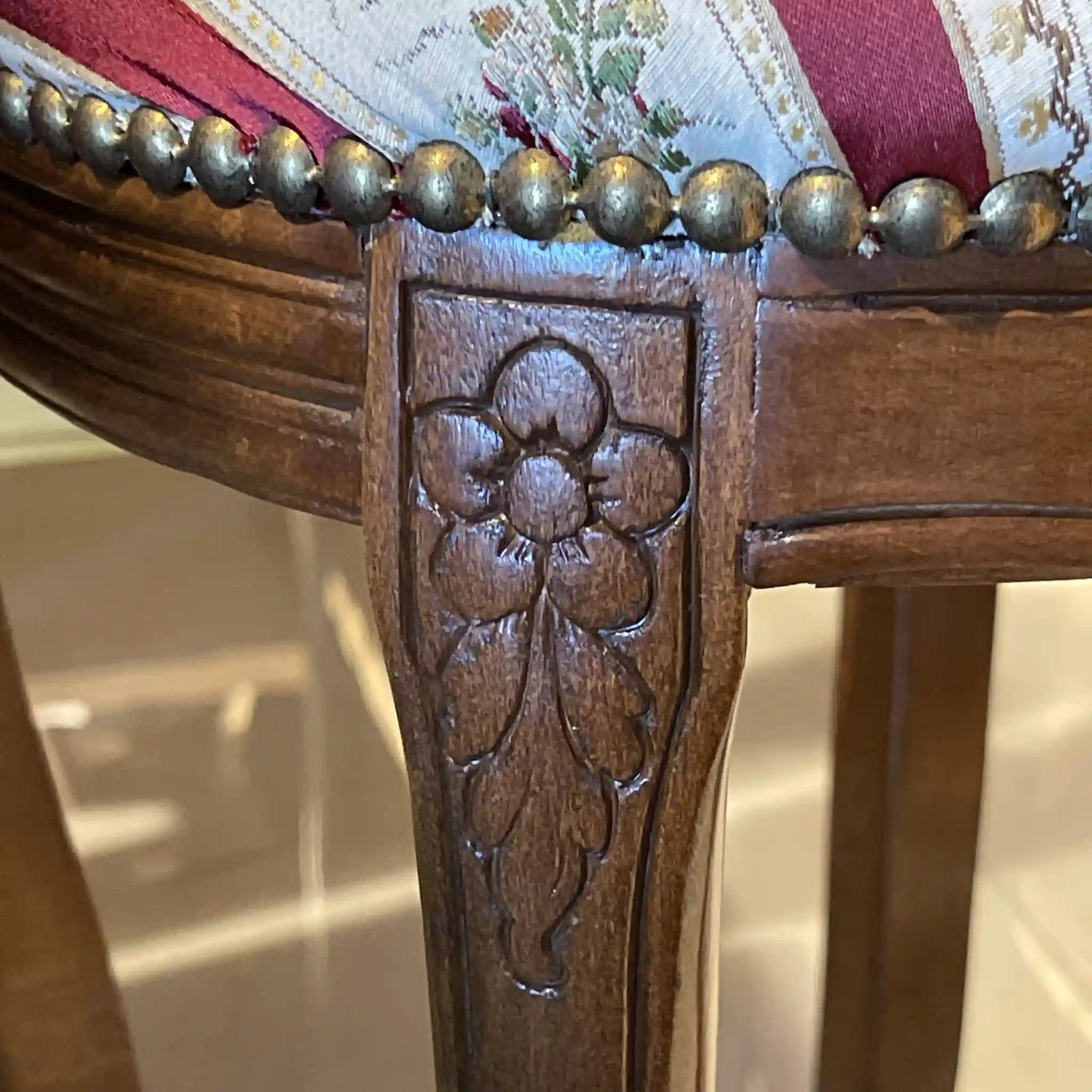 Antique Dining Chair / Rococo Style (Louis XV Style) / Cabriole Legs, Rocaille Relief, Jacquard Seat