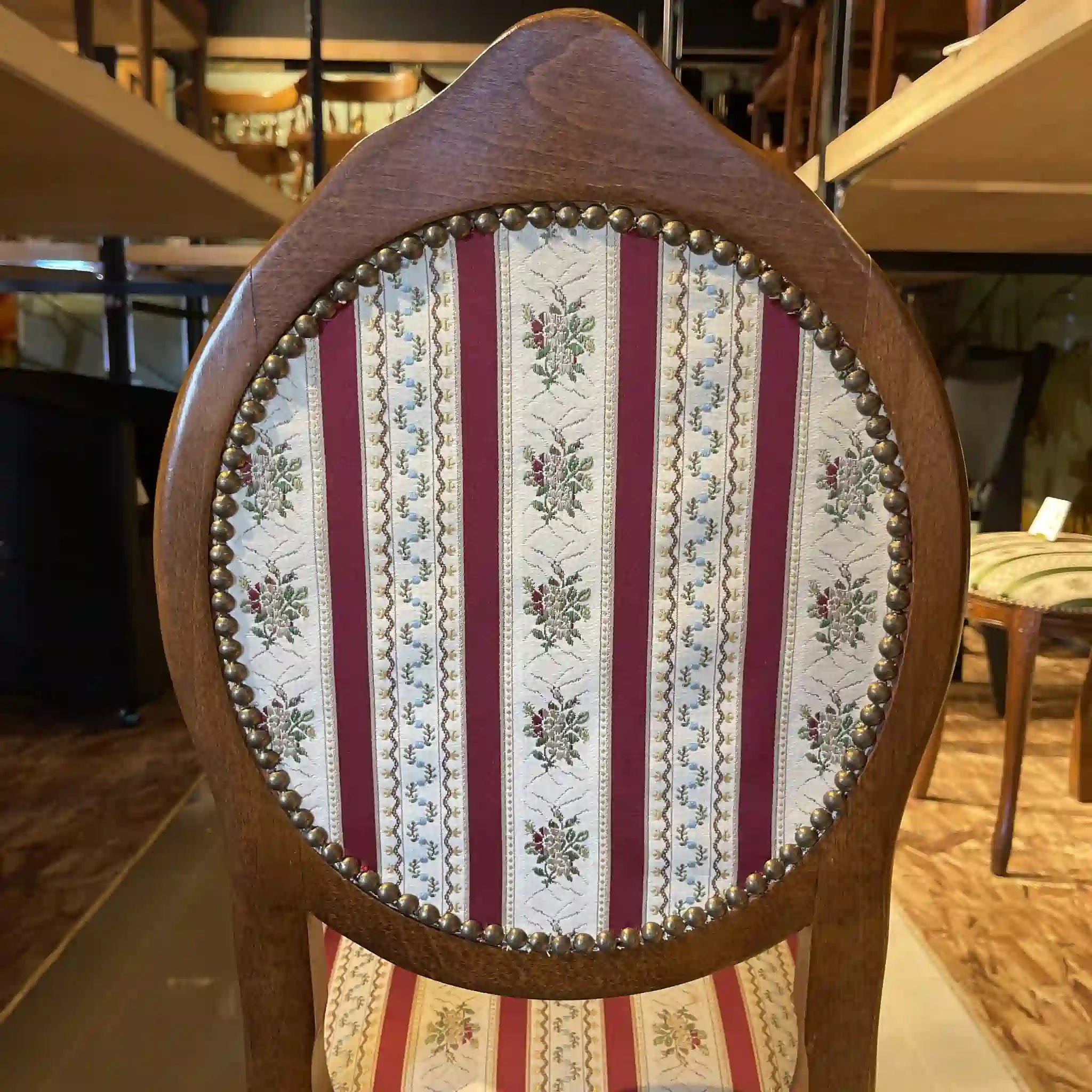 Antique Dining Chair / Rococo Style (Louis XV Style) / Cabriole Legs, Rocaille Relief, Jacquard Seat