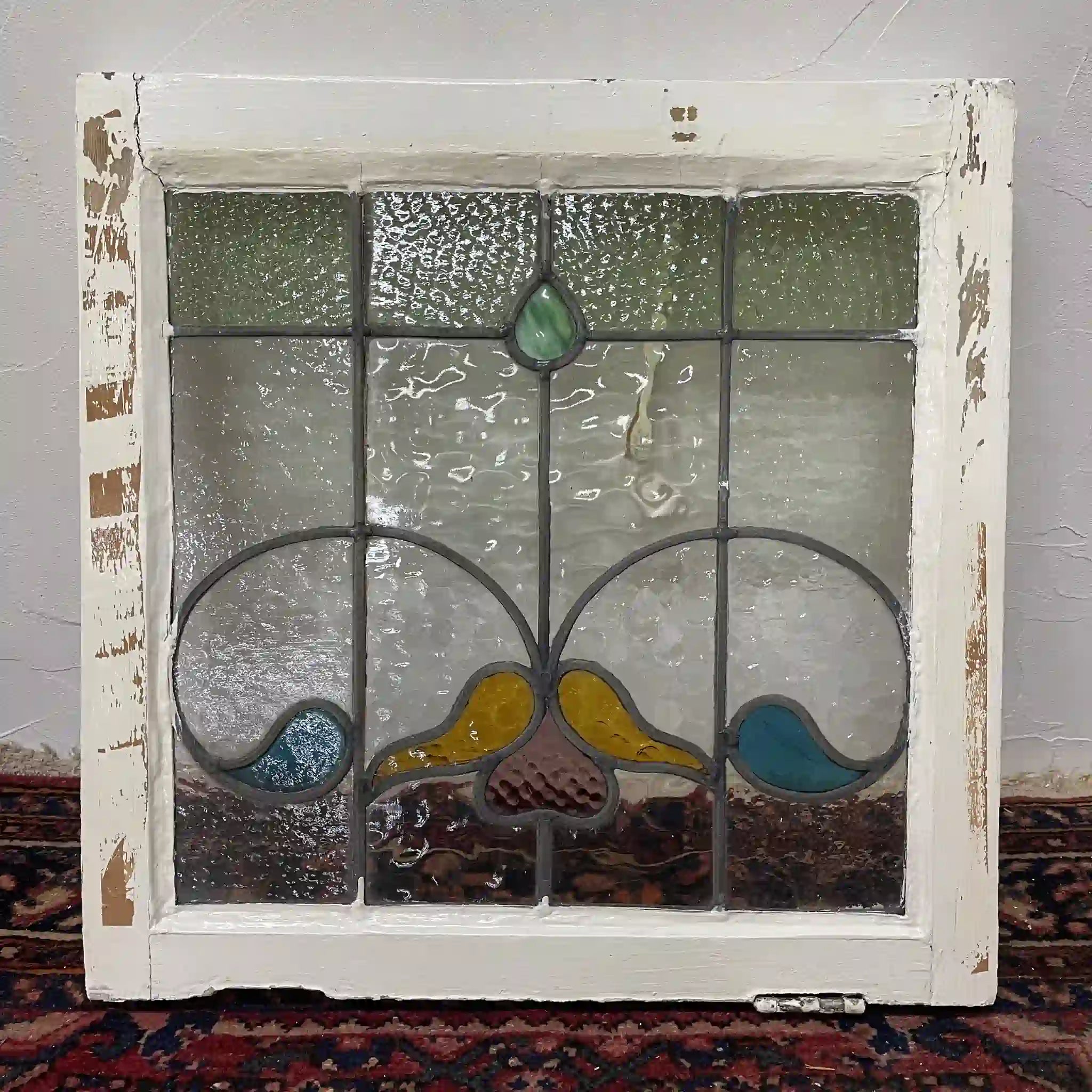 【アンティーク】 ステンドグラス / アール・ヌーヴォー / 20世紀初頭 (推定) / ガラス / イギリス / テクスチャード・ガラス, 植物モチーフ, ステイ付