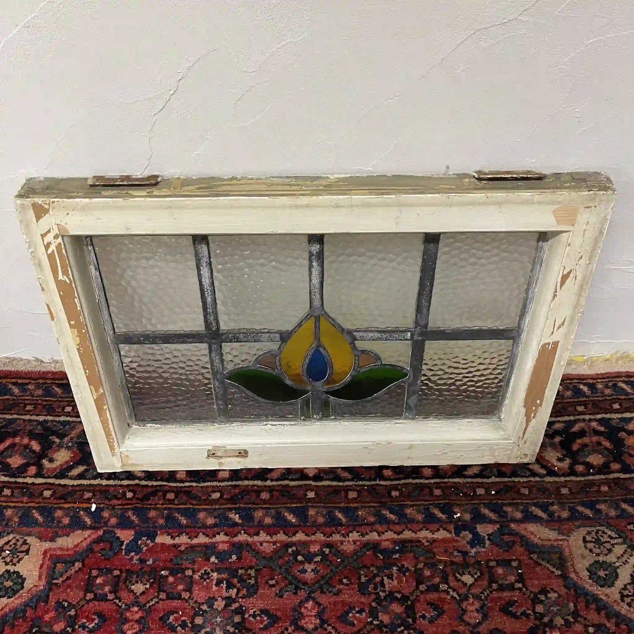 【アンティーク】 ステンドグラス / アール・ヌーヴォー / 20世紀初頭 (推定) / ガラス / イギリス / テクスチャード・ガラス, チューリップモチーフ, 蝶番付