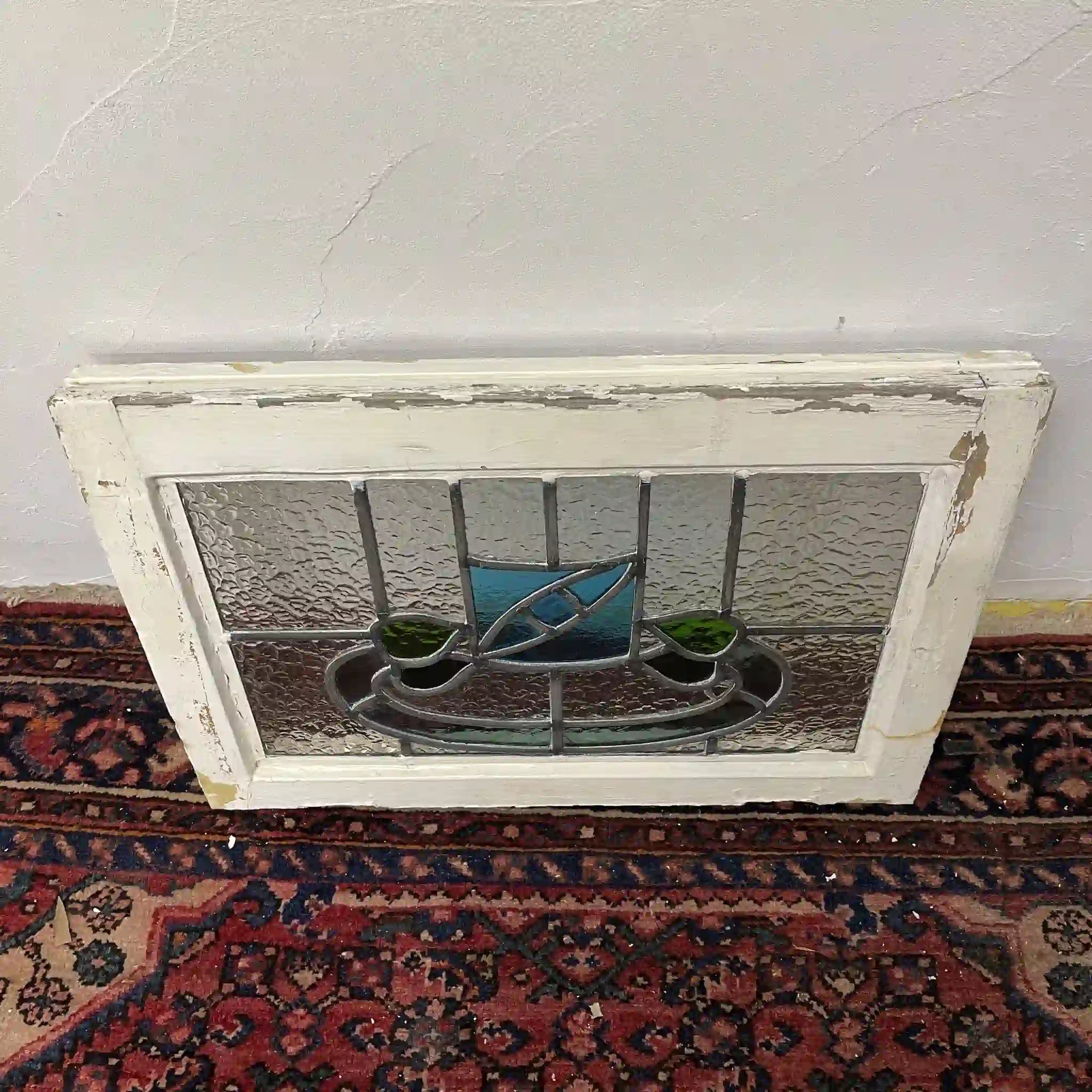 【アンティーク】 ステンドグラス / アール・デコ / 20世紀初頭 (推定) / ガラス / イギリス / テクスチャード・ガラス, 植物モチーフ, 幾何学的デザイン, ステイ付