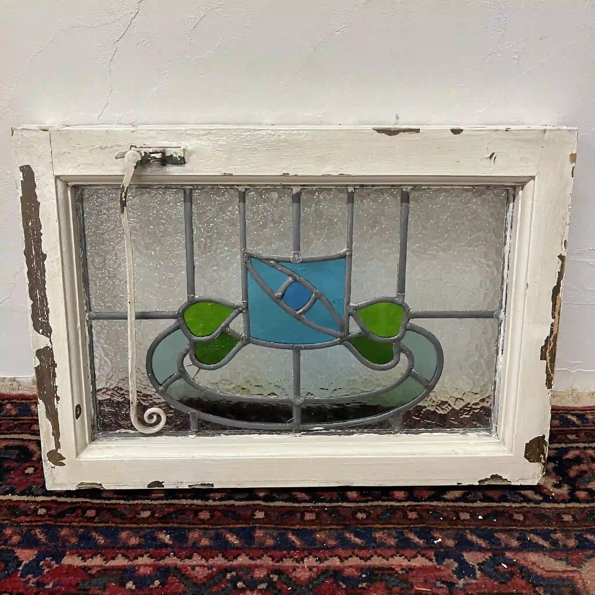 【アンティーク】 ステンドグラス / アール・デコ / 20世紀初頭 (推定) / ガラス / イギリス / テクスチャード・ガラス, 植物モチーフ, 幾何学的デザイン, ステイ付