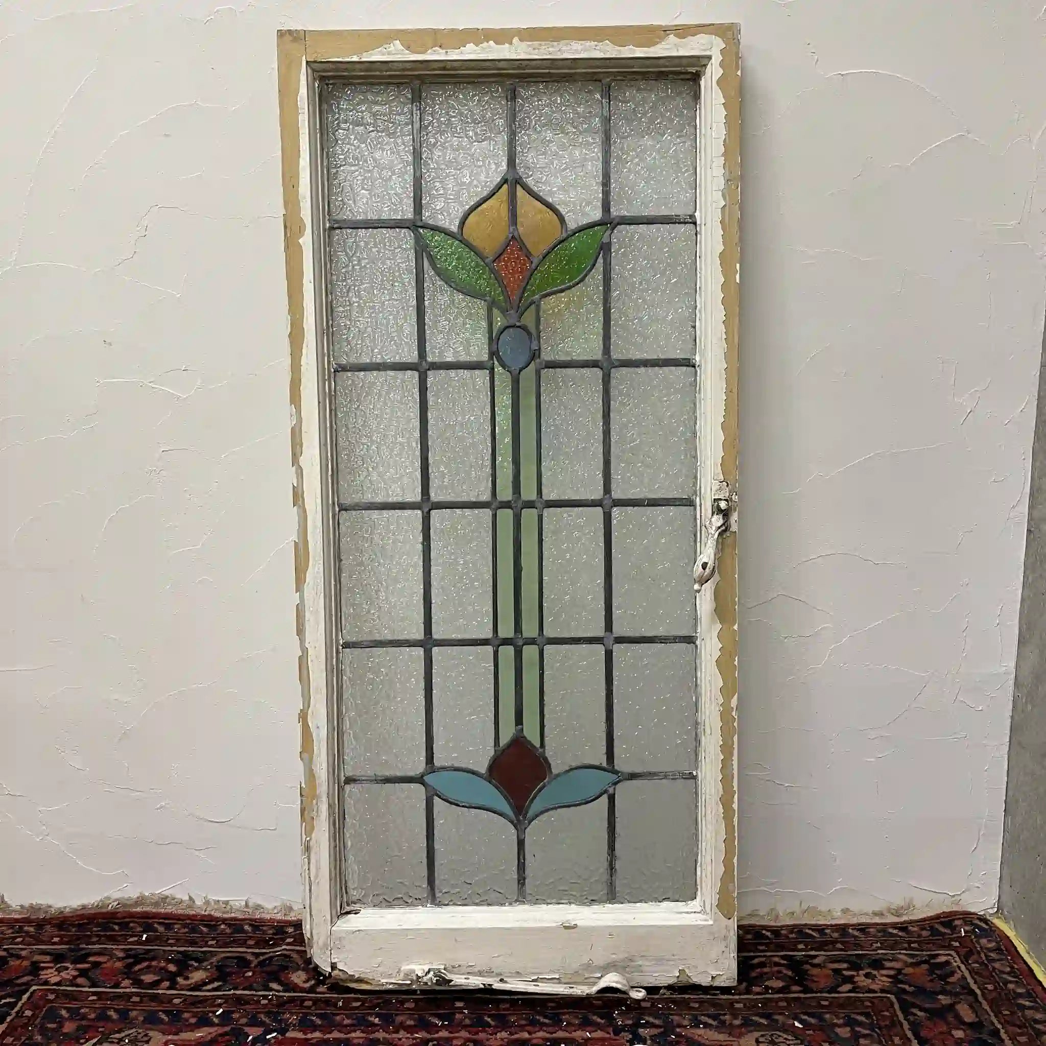 【アンティーク】 ステンドグラス / アール・ヌーヴォー / 20世紀初頭 (推定) / ガラス / イギリス / テクスチャード・ガラス, 植物モチーフ, ハンドル・ステイ付