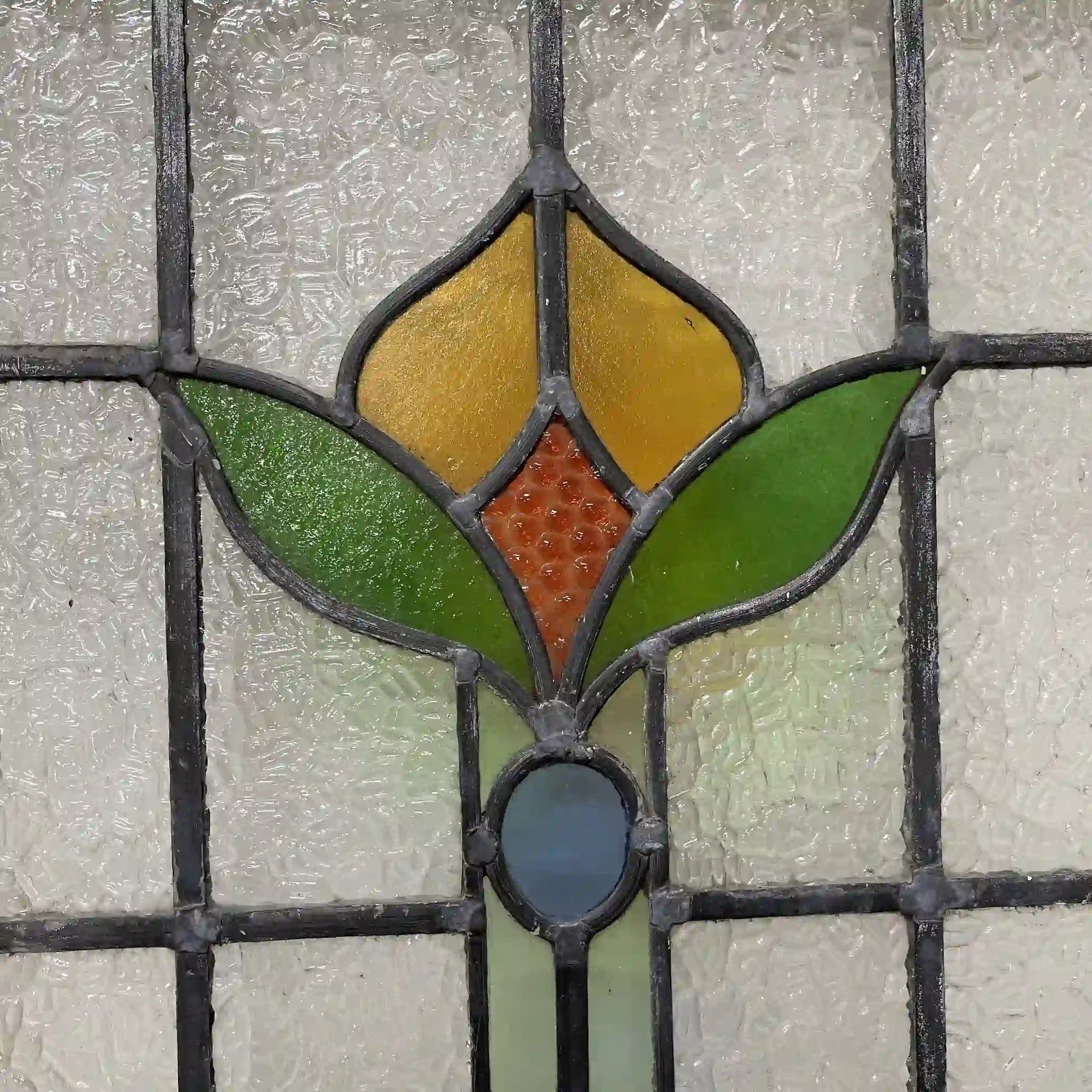【アンティーク】 ステンドグラス / アール・ヌーヴォー / 20世紀初頭 (推定) / ガラス / イギリス / テクスチャード・ガラス, 植物モチーフ, ハンドル・ステイ付