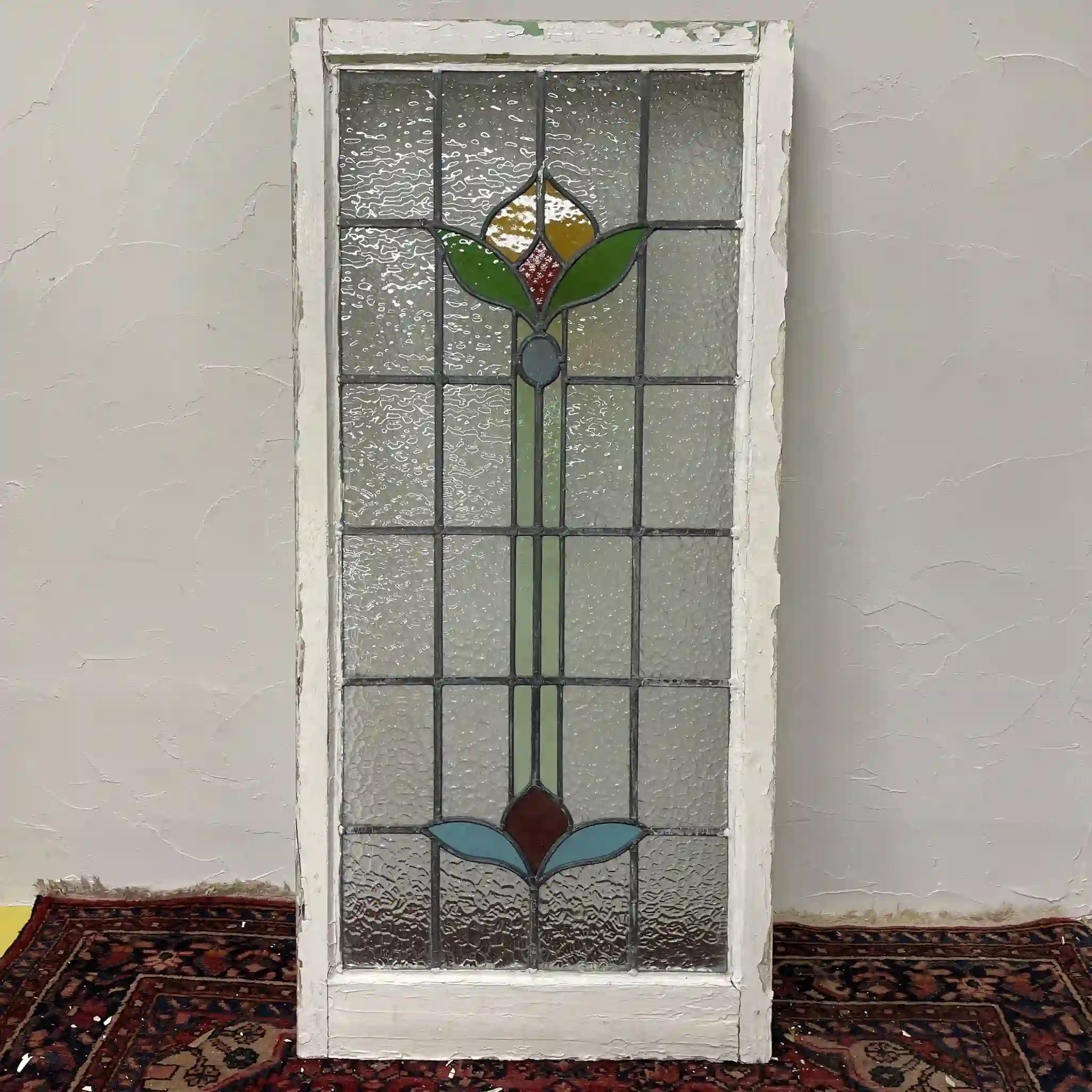 【アンティーク】 ステンドグラス / アール・ヌーヴォー / 20世紀初頭 (推定) / ガラス / イギリス / テクスチャード・ガラス, 植物モチーフ, ハンドル・ステイ付