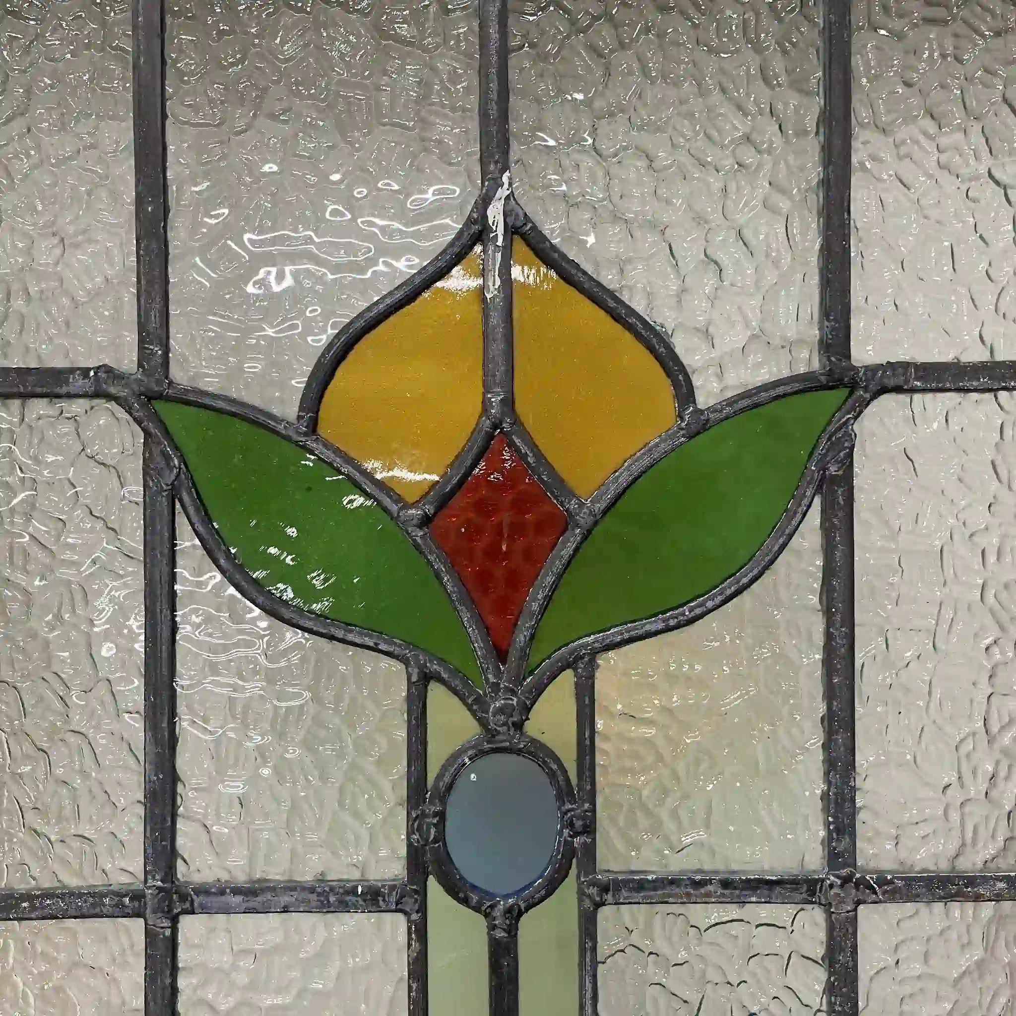 【アンティーク】 ステンドグラス / アール・ヌーヴォー / 20世紀初頭 (推定) / ガラス / イギリス / テクスチャード・ガラス, 植物モチーフ, ハンドル・ステイ付