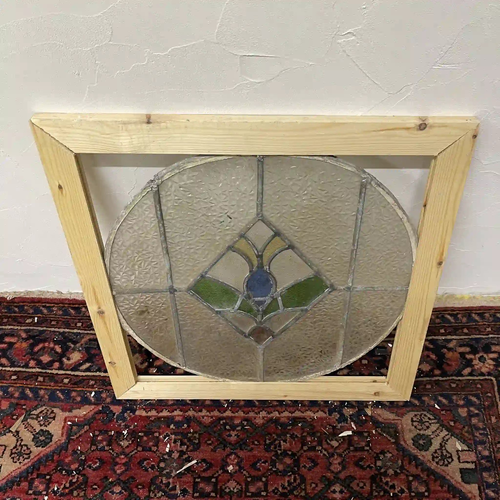 【アンティーク】 ラウンドステンドグラス / アール・デコ / 20世紀初頭 (推定) / ガラス / イギリス / テクスチャード・ガラス, 植物モチーフ, 幾何学的デザイン,