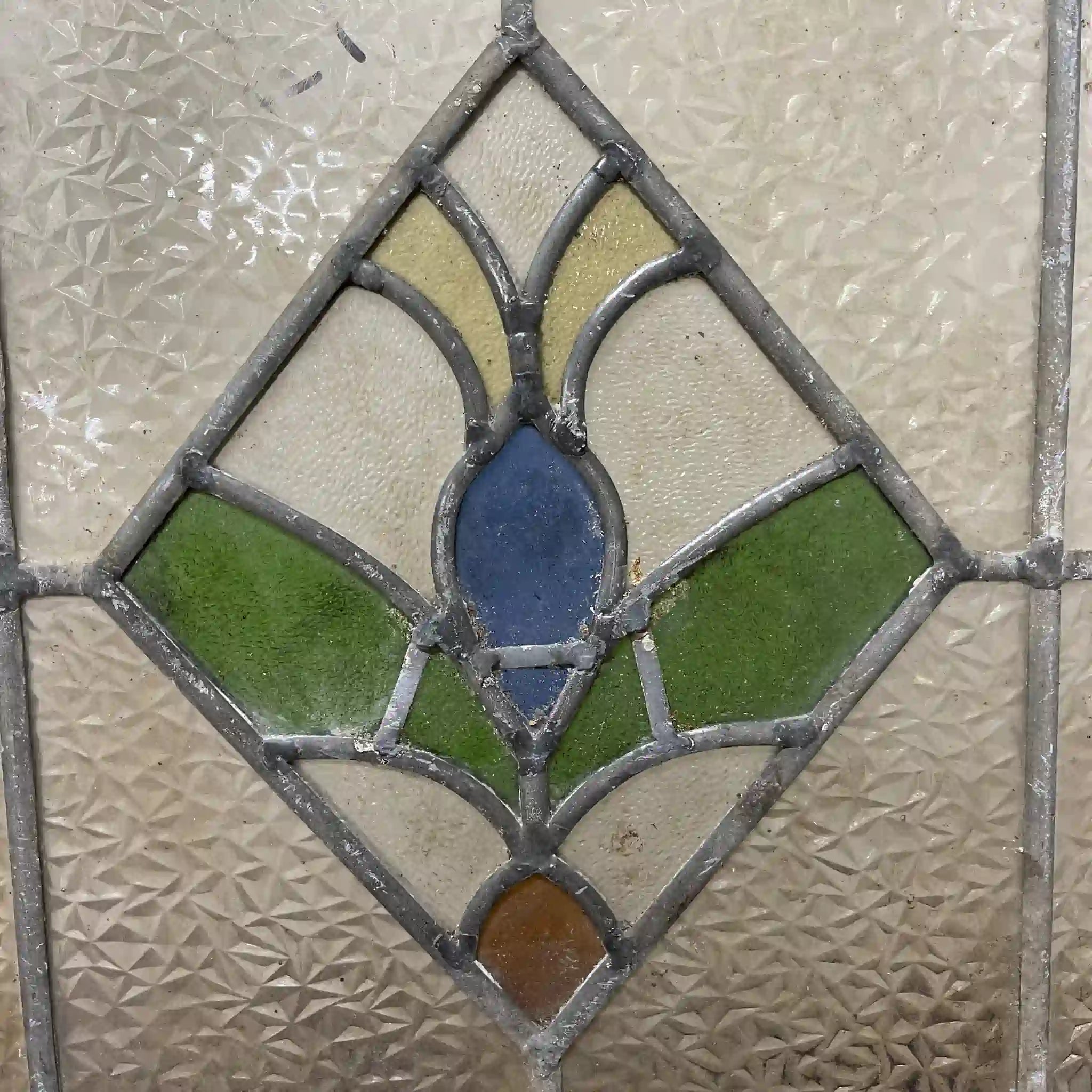 【アンティーク】 ラウンドステンドグラス / アール・デコ / 20世紀初頭 (推定) / ガラス / イギリス / テクスチャード・ガラス, 植物モチーフ, 幾何学的デザイン,