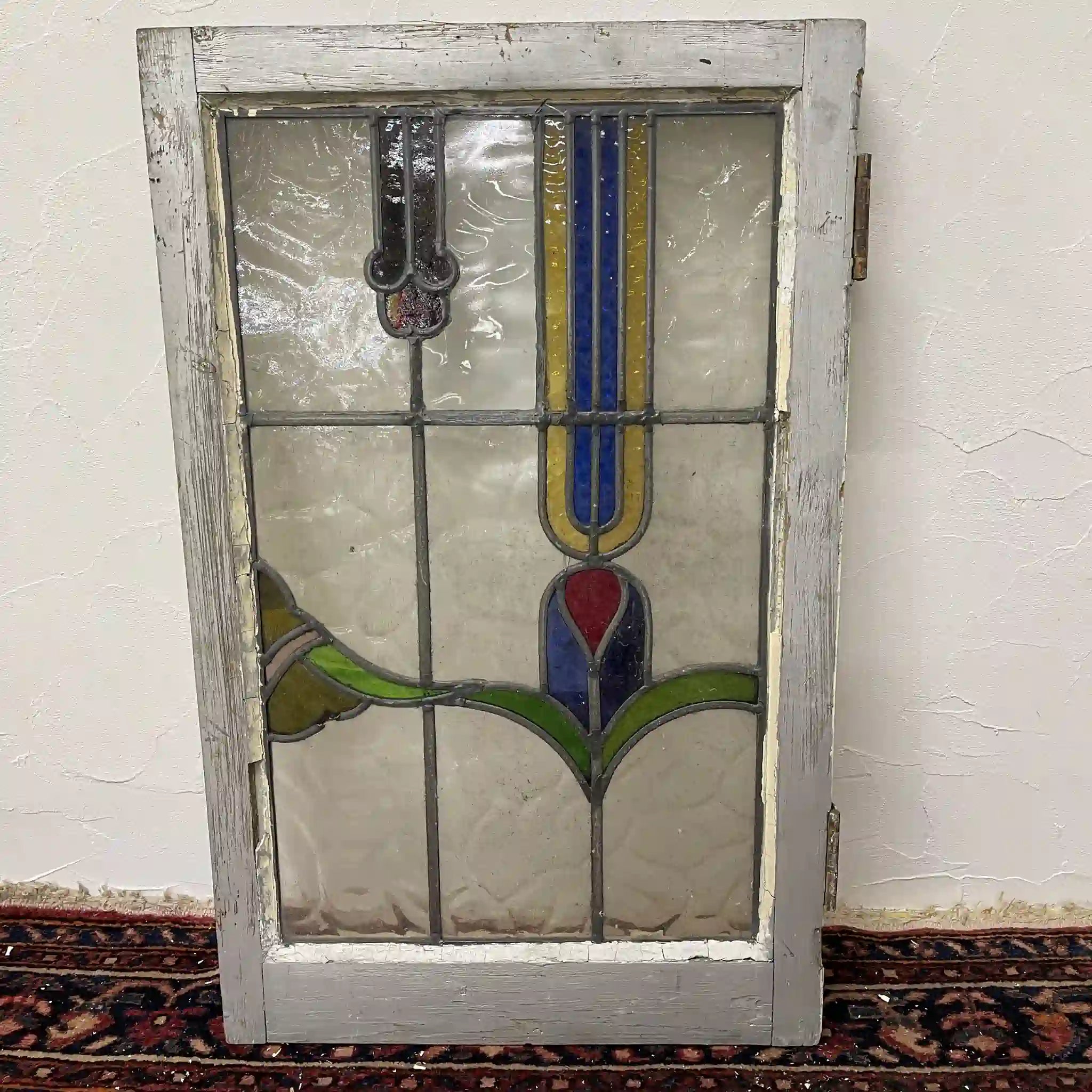 【アンティーク】 ステンドグラス / アール・ヌーヴォー / 20世紀初頭 (推定) / ガラス / イギリス / テクスチャード・ガラス, 植物モチーフ, 蝶番付