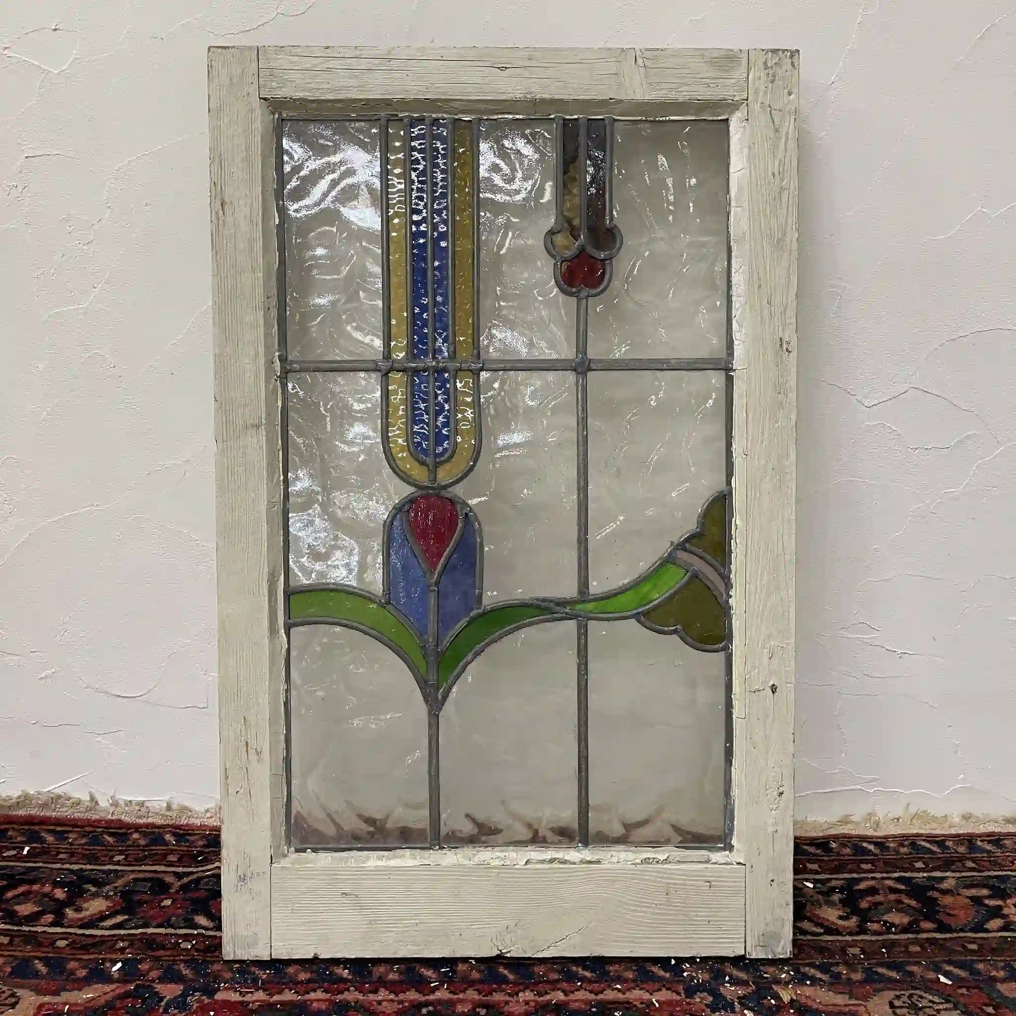 【アンティーク】 ステンドグラス / アール・ヌーヴォー / 20世紀初頭 (推定) / ガラス / イギリス / テクスチャード・ガラス, 植物モチーフ, 蝶番付