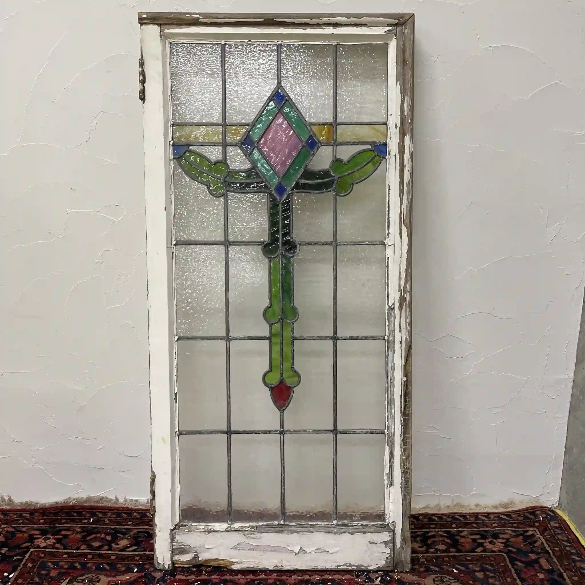 【アンティーク】 ステンドグラス / アール・ヌーヴォー / 20世紀初頭 (推定) / ガラス / イギリス / テクスチャード・ガラス, 植物モチーフ, 蝶番付