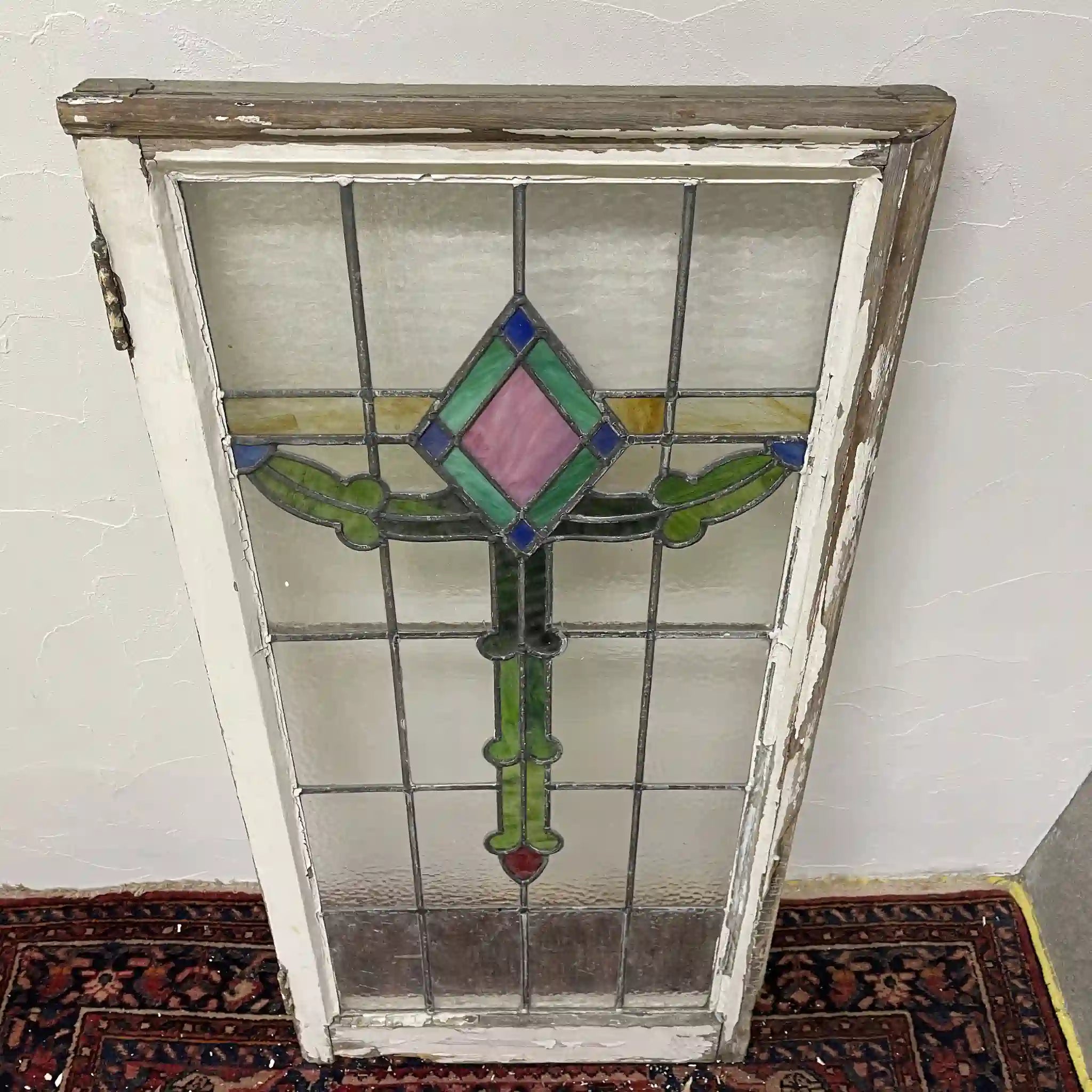 【アンティーク】 ステンドグラス / アール・ヌーヴォー / 20世紀初頭 (推定) / ガラス / イギリス / テクスチャード・ガラス, 植物モチーフ, 蝶番付