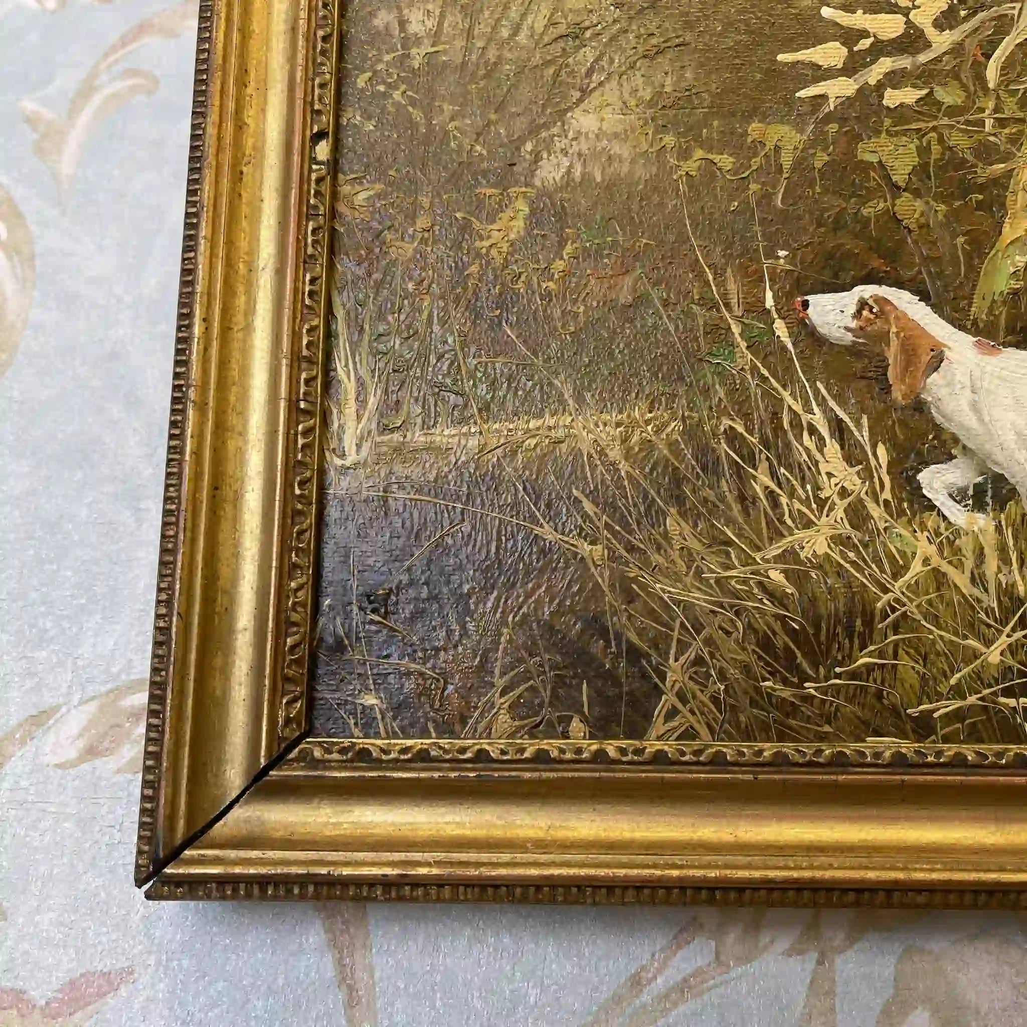 【アート/装飾品】 スポーティング・アート（狩猟画) / 油彩画 / [推定]20世紀中期〜後期 / イギリス / 肉筆油彩,インパスト技法,金飾額
