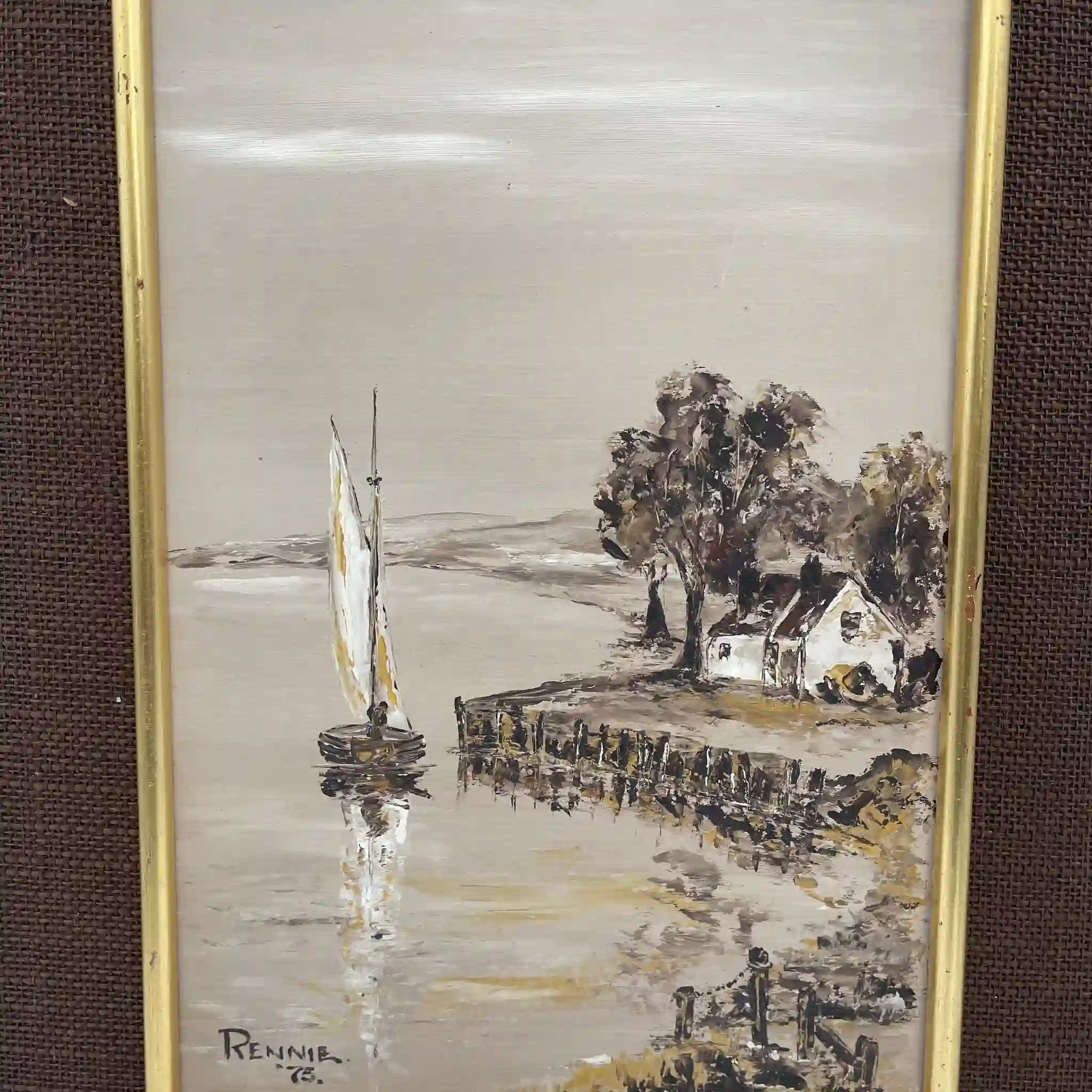 【ビンテージ】 油彩画 / F. E. Reynolds / 「Chichester Harbour」 / 1975年 / キャンバス / イギリス / シースケープ